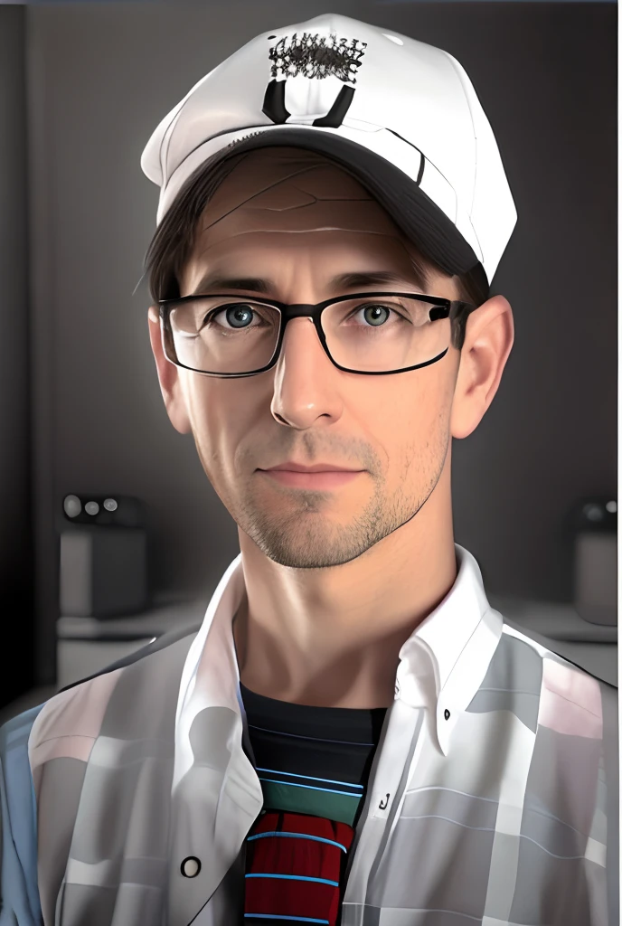 there is a man wearing a hat and glasses and a shirt, realistic portrait photo, high quality portrait, photorealistic portrait, photo realistic portrait, photo-realistic face, nerdy man character portrait, inspired by Dietmar Damerau, detailed portrait, photorealistic digital painting, man with glasses, hyperrealistic portrait, realistic portrait, portrait shot, closeup portrait shot