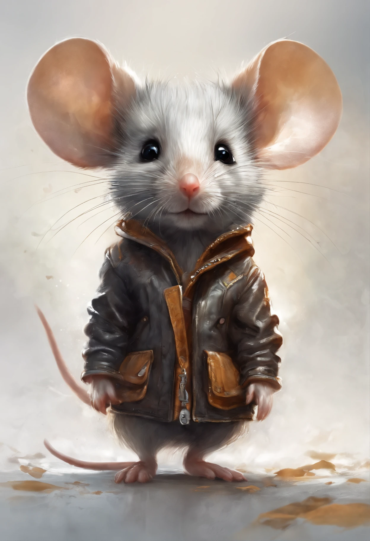 Perfect centering, Cute mouse, Wear a leather jacket, cheerfulness, Standing position, Abstract beauty, Centered, Looking at the camera, Facing the camera, nearing perfection, Dynamic, Highly detailed, smooth, Sharp focus, 8K, high definition resolution, illustration, Art by Carne Griffiths and Wadim Kashin, White background