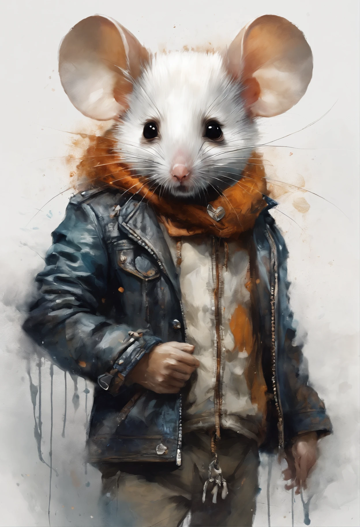 Perfect centering, Cute mouse, Wear a leather jacket, cheerfulness, Standing position, Abstract beauty, Centered, Looking at the camera, Facing the camera, nearing perfection, Dynamic, Highly detailed, smooth, Sharp focus, 8K, high definition resolution, illustration, Art by Carne Griffiths and Wadim Kashin, White background