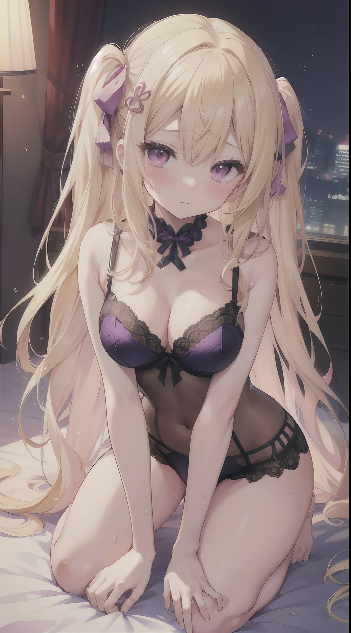 top-quality、masutepiece、1girl in、Blonde gal underwear only、Purple Lingerie、large full breasts、Nasty body、all-fours、to close range、the whole body is wet、wetting hair、red blush、Kamimei、Staring at this、Cute anime illustration、