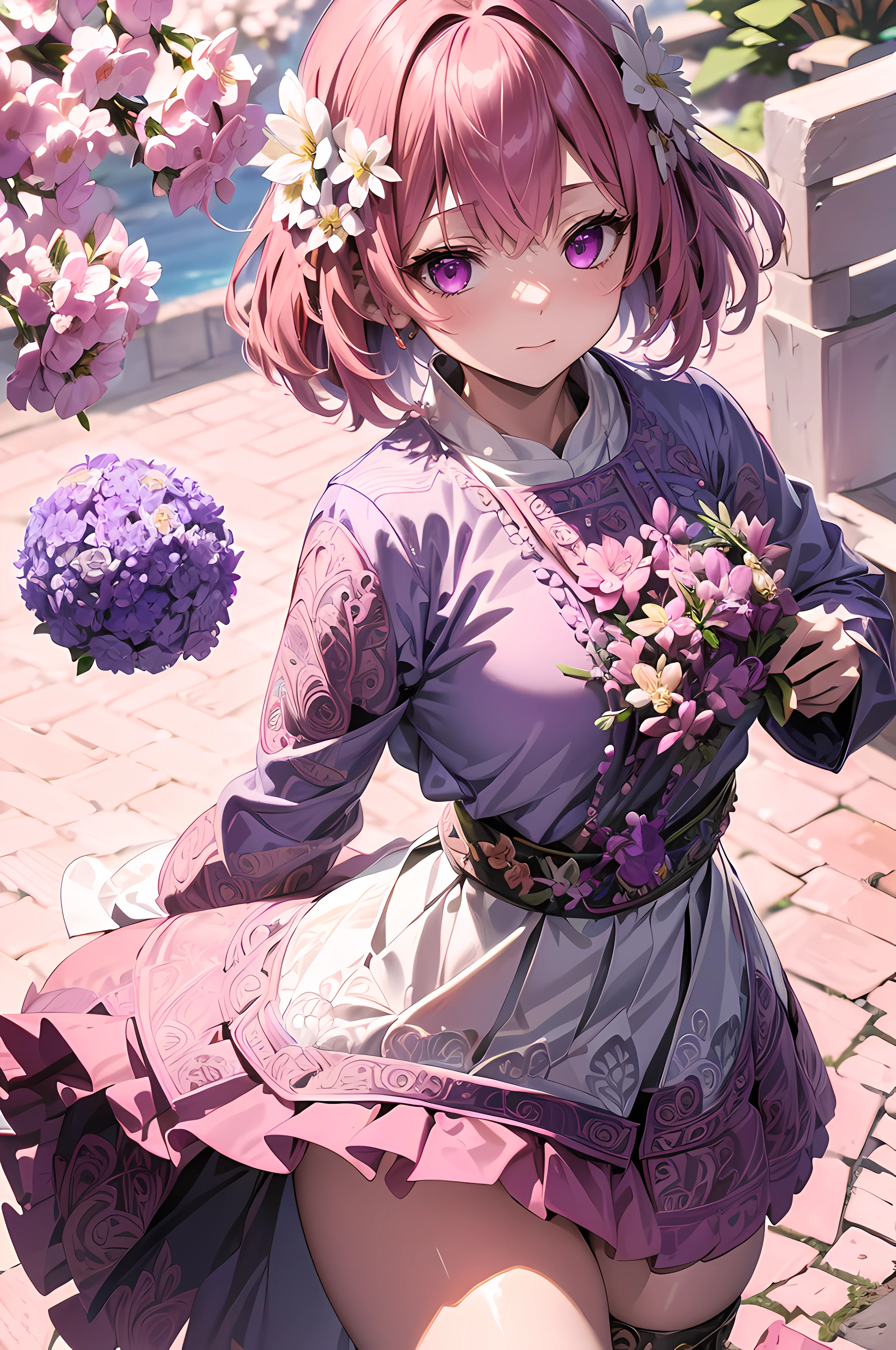 (Ultra-detailed background, Detailed background), absurderes, A high resolution, Ultra detailed, extremely detaile, 1girll, Yae Miko, Pink hair, Purple eyes, (bunch of flowers:1.3), (zentangle:1.2), (geomerty:1.2),(Colorful),