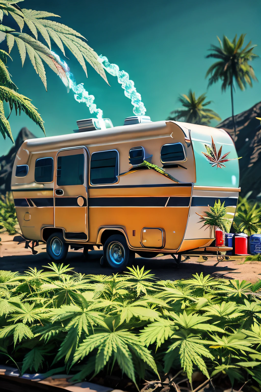 Illustration of a small camper with kitchen and living area, concept art highly detailed, Ultra-detailed concept art, Ultra-detailed concept art, highly realistic concept art, concept art style, bussiere rutkowski andreas rocha, 8k High Detail Concept Art, Detailed conceptual diagram, concept art for video games, detailed 2D illustration, extremely detailed concept art、ganja、Tattoo stickers、8K Art Design、Flag of the rising sun、Magical water pipebons and rolling papers surrounded by cannabis buds in a smoking environment are placed around、Describe your image of the world's most beautiful and hardy cannabis plantation High-tech feel of an RV, Side lens, Super cool shape; By the sea; Creative Design, futuristic design, neon light, Metallic luster、ganja、Tattoo stickers、8K Art Design、Flag of the rising sun、Magical water pipebons and rolling papers surrounded by cannabis buds in a smoking environment are placed around、Describe your image of the most beautiful and hardy cannabis plantation in the world