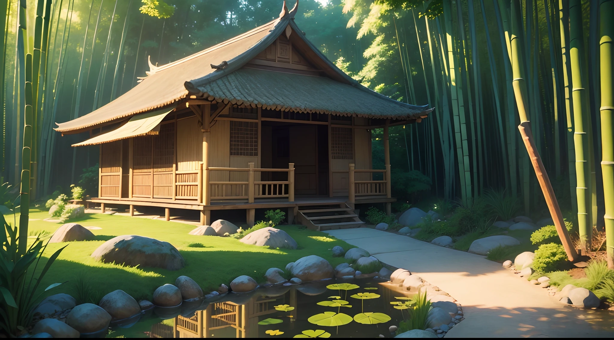 beautiful background, (in the bamboo houses), green bamboo,some, some rocks and a small pond in the yard, real and anime style, chromatic aberration, ray tracing, reflection light, depth of field, (wide shot), (masterpiece), best quality, high quality, highres, high details, 4K, HD, 1080P