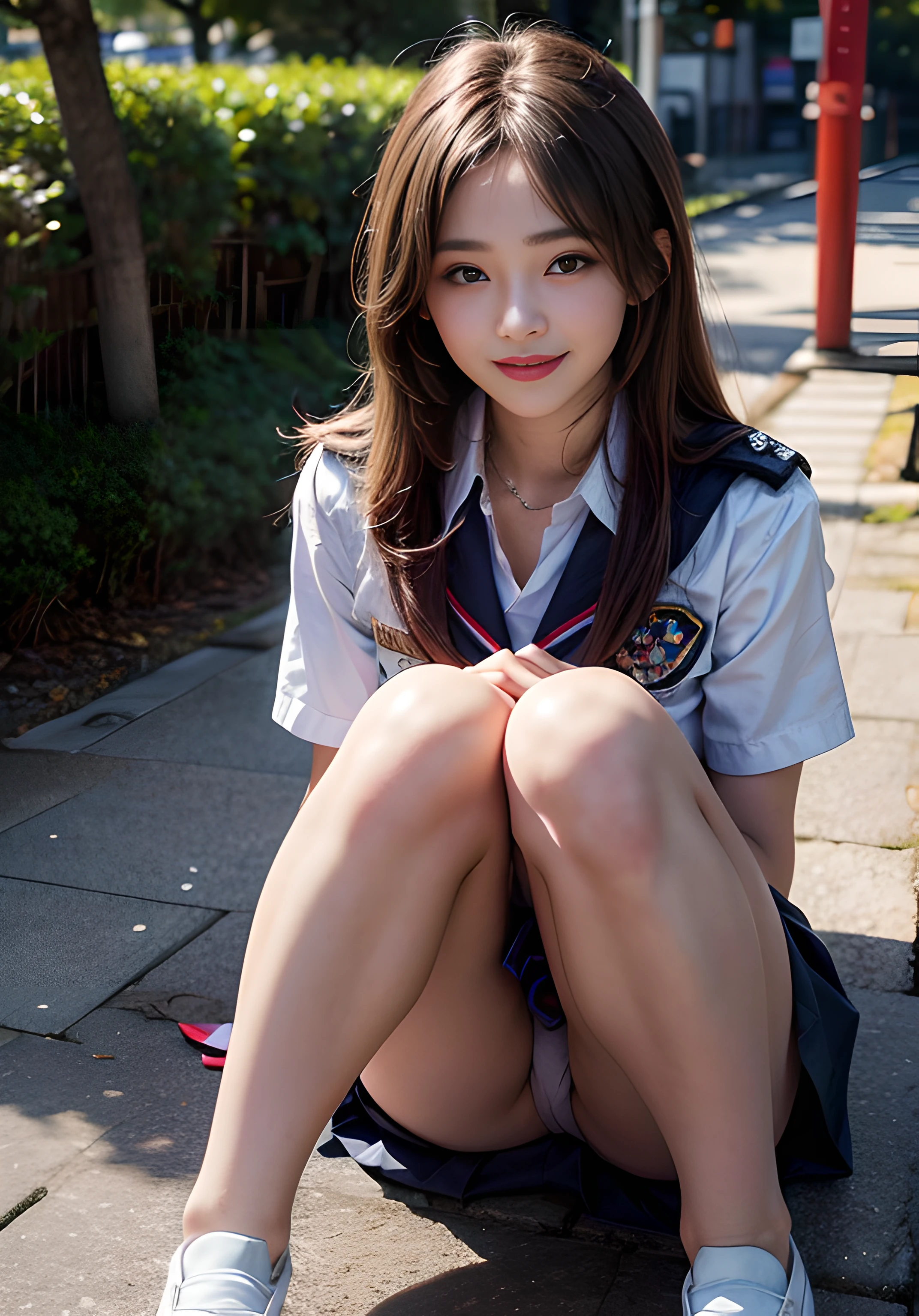 (8K high image quality), (top-quality), (RAW image quality),(masutepiece:1.2), (Realistic), (Photorealistic:1.37), ,largeeyes,long eyelasher,(Live-action realistic style),The Ultimate Face,Photorealistic light and shadow,Clear facial features,,Fair skin, ),Best portraits,Shot from a short distance, 1-girl, Cute,Beautiful detailed eyes,highlydetailed skin,(Beautiful face with double eyelids), (Realism: 1.4),((fullbody image)), ,delicate and beautiful face,,Female about 20 years old,(Beautiful Face 1.4),Medium Hair,((Japan high school girl in uniform)),Make eye contact with your audience,red lipsticks,Lame around the eyes,(Laugh a little),In a park rich in nature,Sit on one knee upright,The skirt is rolled up.、panties fully visible.,Pastel colors panties,I like to show my crotch to viewers,Spread your legs and show your panties,(Japan schoolgirl uniform)