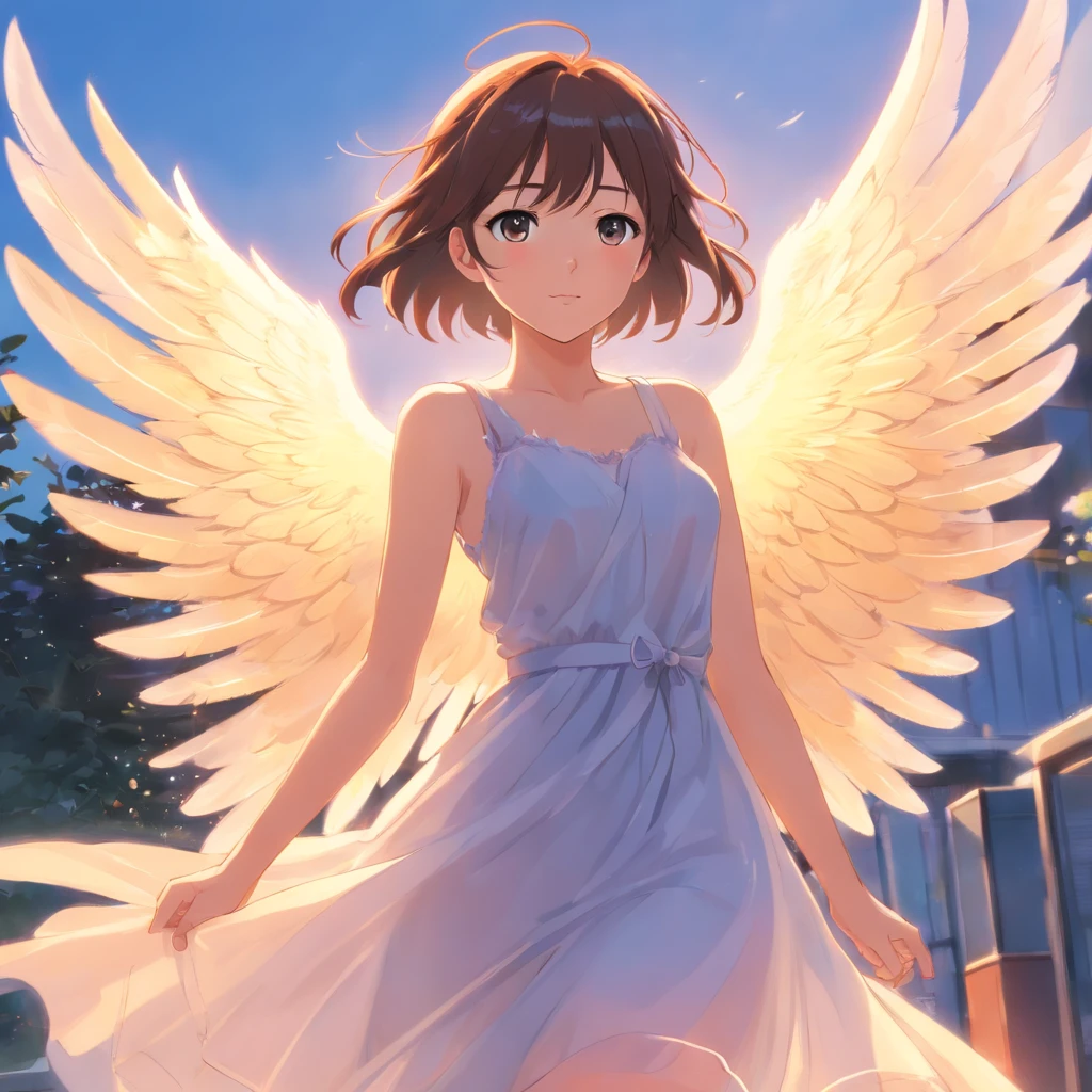 highest quality, pastel painting, Gentle atmosphere, Twin Girl Angel, cute, white wings, smile happily, brown short hair of different colors,,,, Blue-eyed ones, Green-eyed ones, different color dresses, flower hair ornament, Upper body, looking at the viewer, space, meteor, light,