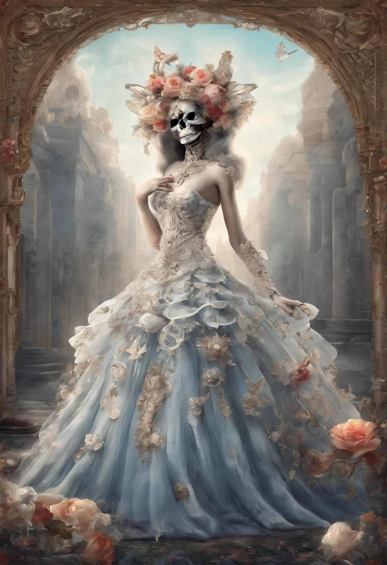 Rococo style, god light, Vignetting, hyper HD, retinas, Masterpiece, Anatomically correct, ccurate, Textured skin, Super detail, High details, High quality, Award-Awarded, Best quality, 8K, A high resolution，
（Male skeleton wearing blue flowers on their heads and female skeleton wearing haute couture wedding dress), ((( Skeleton ))), （Half-body skeleton,）,（Haute couture wedding dress blends perfectly with cutouts：1.1） , Love and death, （Tutu dress：1.1），（flowers grow from the body：1.37）, （The perfect haute couture wedding dress）（Hand and face skeletons：1.37）, skullgirls, ska skeleton and girlfriend,, （Hug pose：1.37）, skull bones flowers, Pedras preciosas，fresh flowers，butterflys，Butterfly,Imaginative,Fever-Dream,impossible,Dark fantasy,Bejeweled,super clear detail，Background with：Red Planet