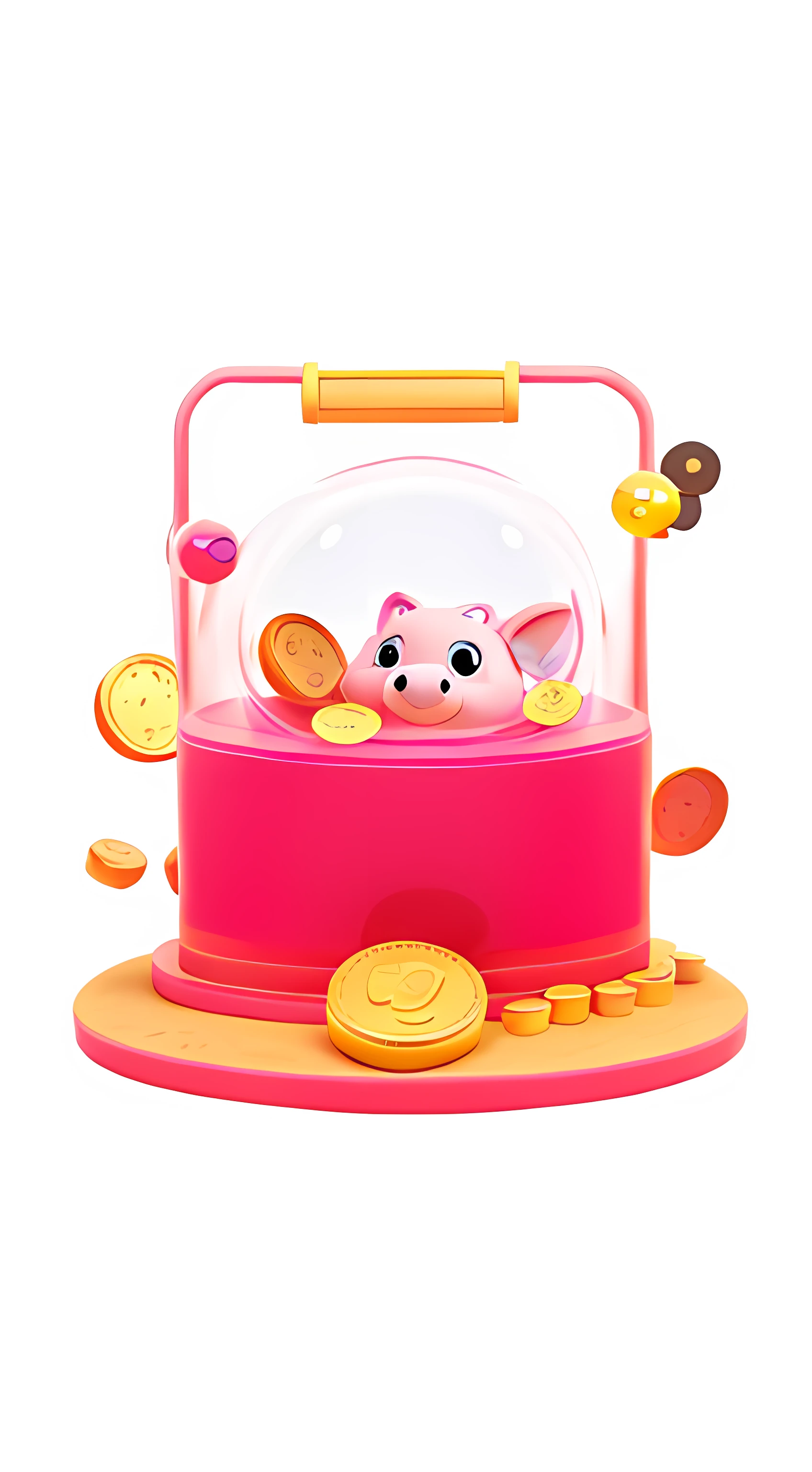 There is a pink toy machine，Inside there are coins and a piggy bank, 3 d icon for mobile game, Mobile game background, 4 ), 64k,  Mobile game art, 8K, mobile game asset, 4D, A cartoon illustration，with black background，C4D，blender render，with black background