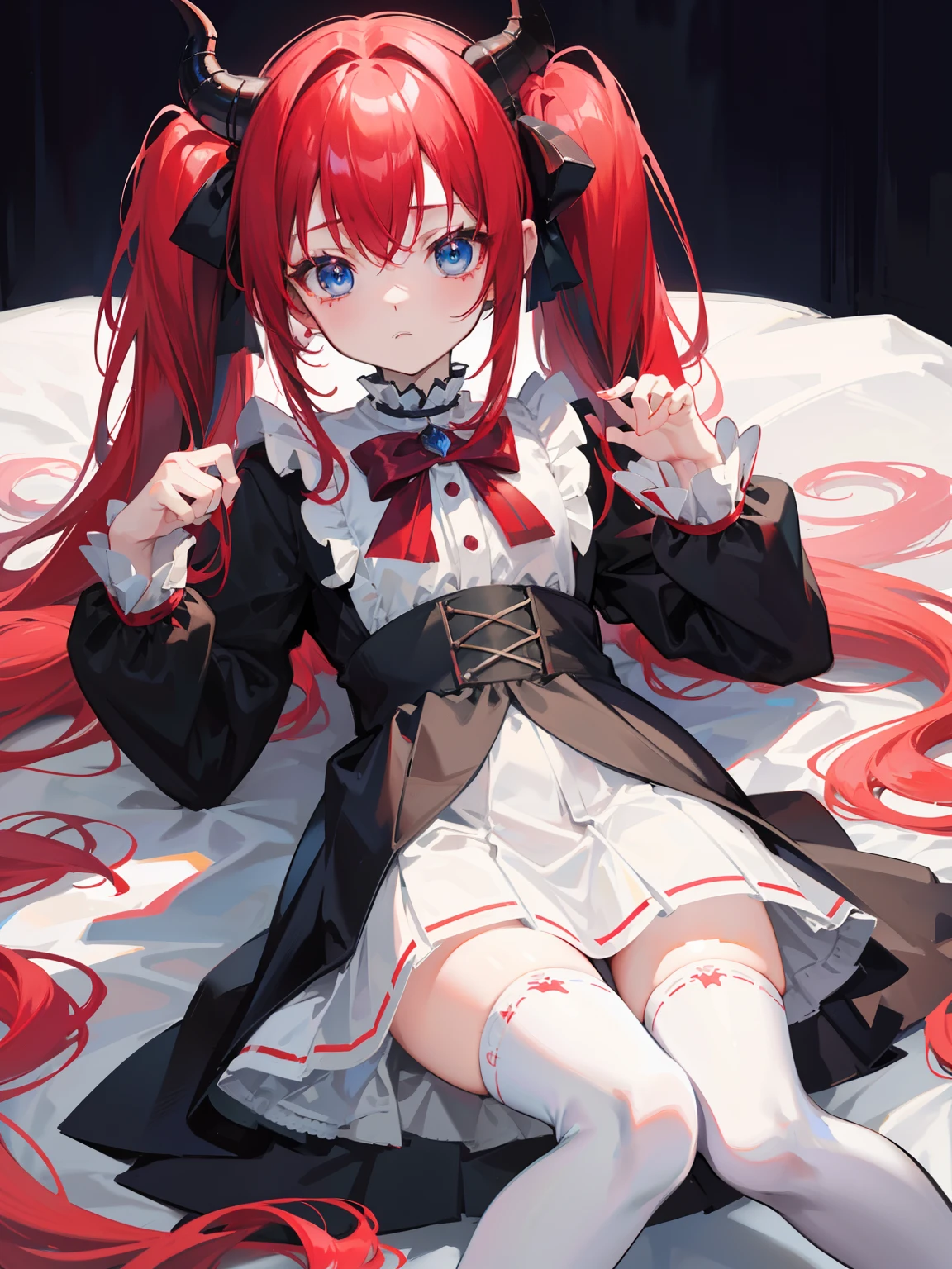 red hair,blue eyes,twintails, long hair, long sleeves, gothic, solo, loli,Short skirt, white stockings,{{best quality}}, {{masterpiece}}, {{ultra-detailed}}, {illustration}, {detailed light}, {an extremely delicate and beautiful}, girl,cute,dragon horns