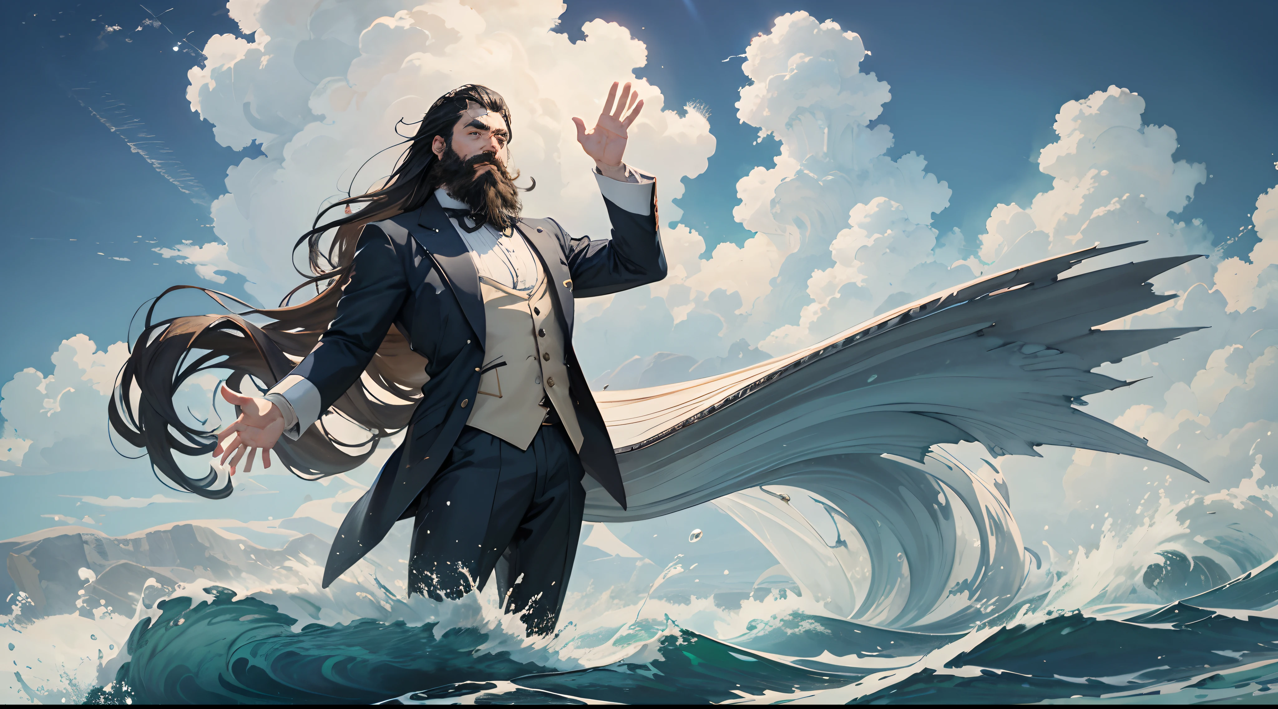A beard man with dredlock hair, floating in the sky, wearing suit,he possesses hydrokinesis, displaying the ability to move water in the form of flying, creating massive waves and splashes,in the ocean, five fingers with details, masterpiece, award winning, (16k resolution) , high quality, mountains in distance, clouds, rainbow