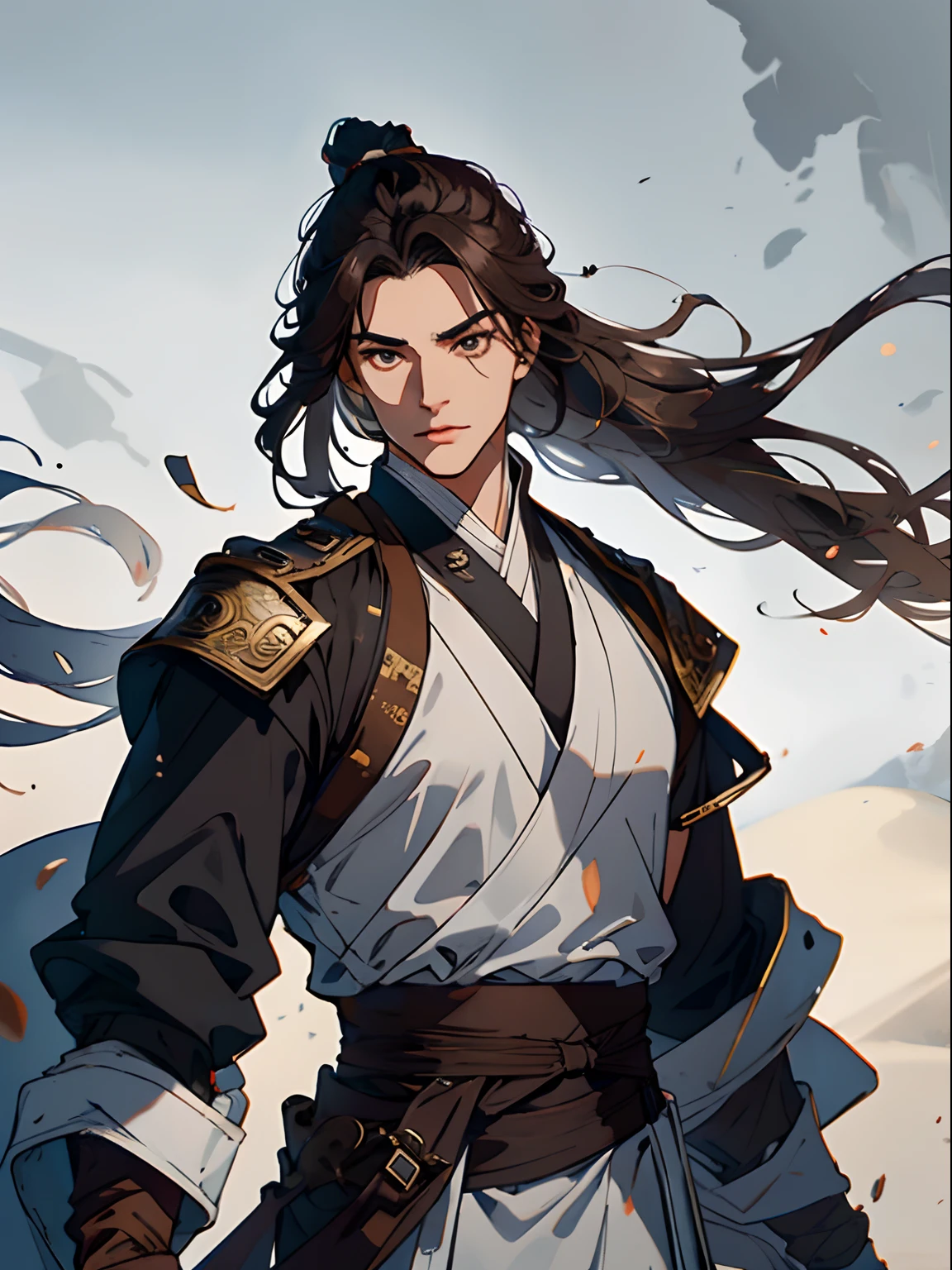 of a guy，The head of the big shot，Dark brown main color picture，Brown clothing，Upper body portrait，A steady and vigorous look，hair flowing，Gentle eyes，The background is the wind and sand of the ancient battlefield，Ultra-clear image quality，8k ultra high definition，Wuxia style costume。