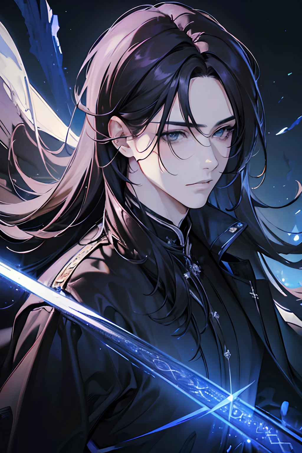 (best quality,4k,8k,highres,masterpiece:1.2),ultra-detailed,(realistic,photorealistic,photo-realistic:1.37),1male,mature,adult,adult face,longer hair,straight black hair that covers one eye,grey eyes,condescending,dark sorcery,fantasy,black mage robes,close up