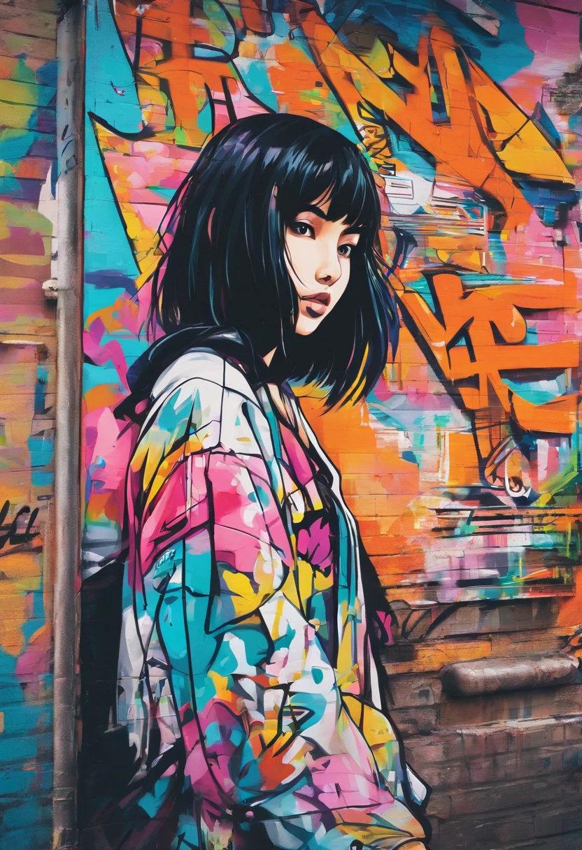 Oil Style、digitalart、1990s anime style、Black Hair Bob、Japan beautiful girl、18year old
