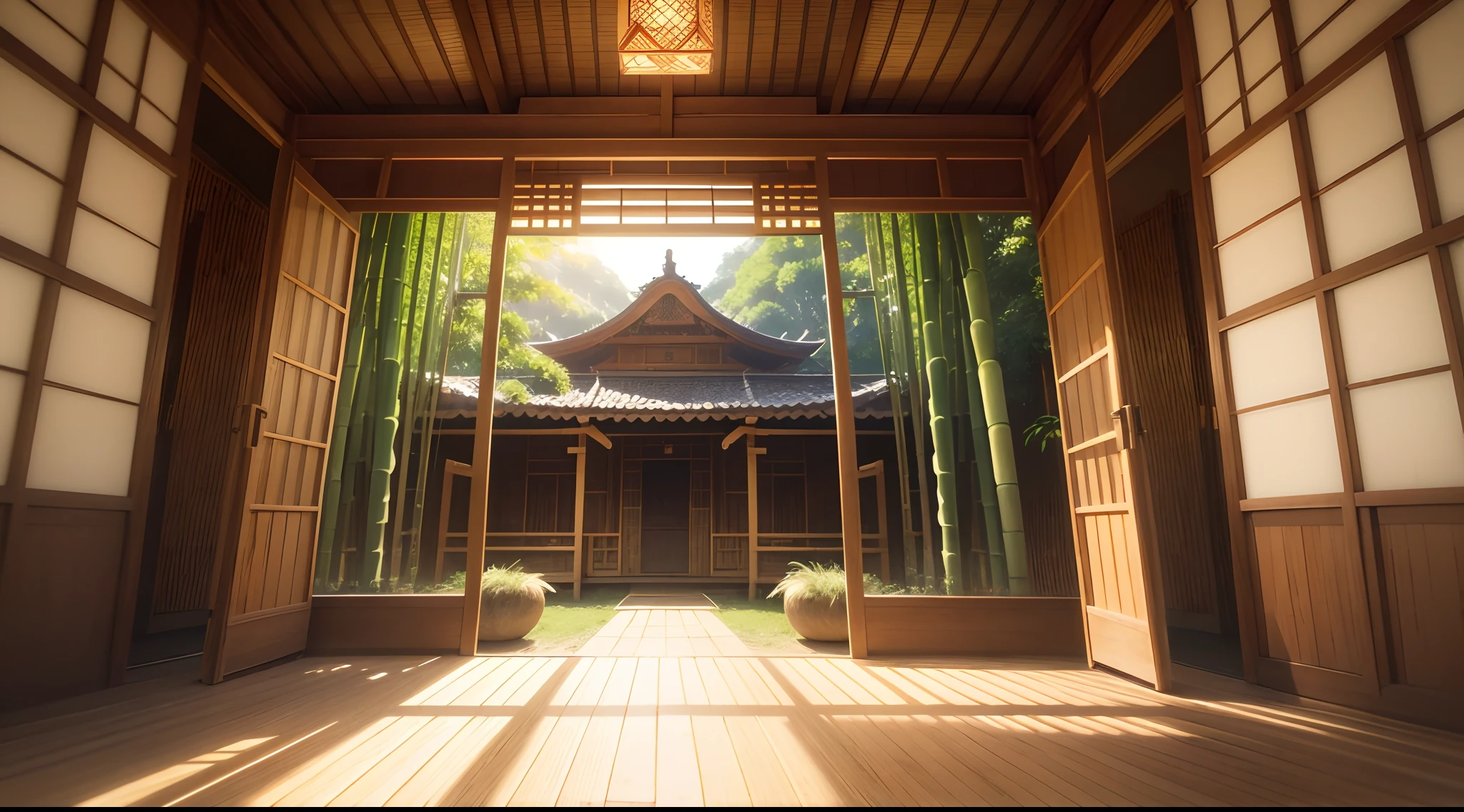 beautiful background, (in the bamboo houses), green bamboo,some, two bamboo tables, real and anime style, chromatic aberration, ray tracing, reflection light, depth of field, (wide shot), (masterpiece), best quality, high quality, highres, high details, 4K, HD, 1080P