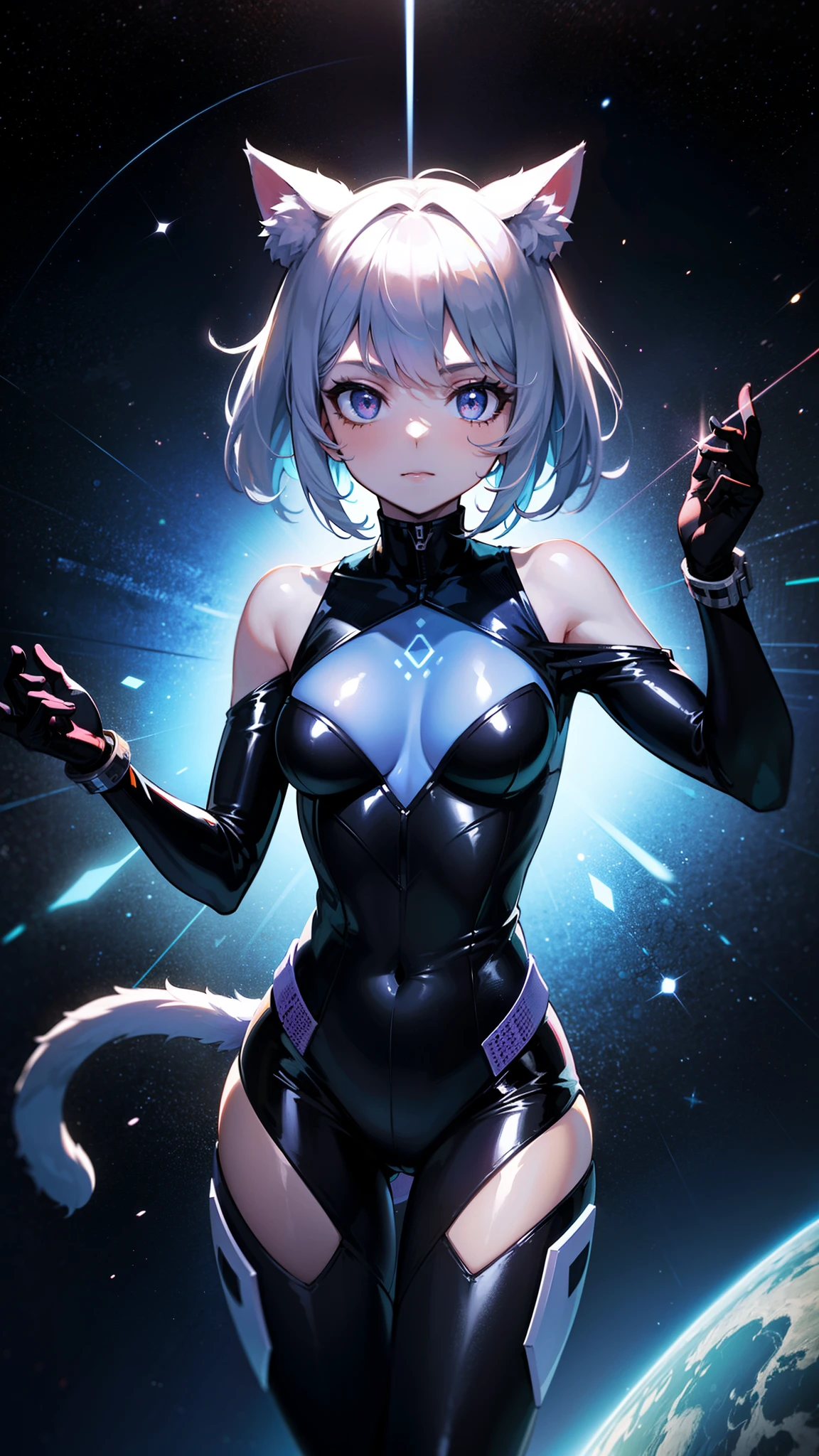 (best quality,highres,masterpiece:1.2),ultra-detailed,portrait,cute and handsome cat-girl woman in space suit from old movies,anime,space,mysterious atmosphere,galactic background,sparkling stars,blueish-purple color palette,futuristic lighting,retro-futuristic,ancient technology,unique character design,long silver hair,sleek and shiny spacesuit with intricate details,cat ears and tail,cat-like eyes with mesmerizing gaze,adorable expressions,playful personality,floating in zero gravity,holding a holographic device,exploring unknown galaxies,cosmic adventures,sci-fi concept art.