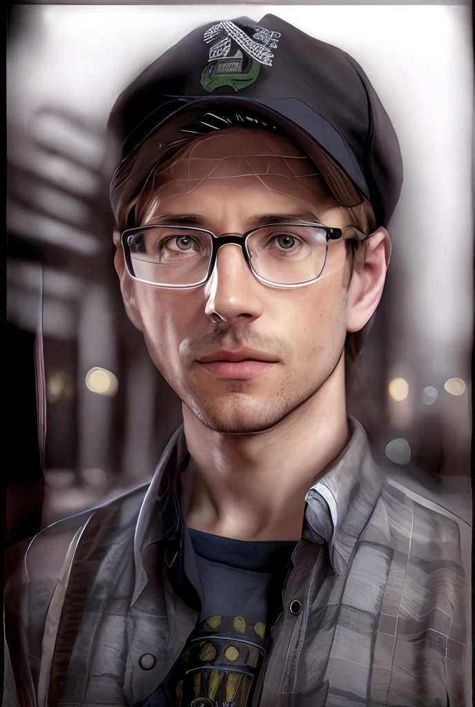there is a man wearing a hat and glasses and a shirt, realistic portrait photo, high quality portrait, photorealistic portrait, photo realistic portrait, photo-realistic face, nerdy man character portrait, inspired by Dietmar Damerau, detailed portrait, photorealistic digital painting, man with glasses, hyperrealistic portrait, realistic portrait, portrait shot, closeup portrait shot