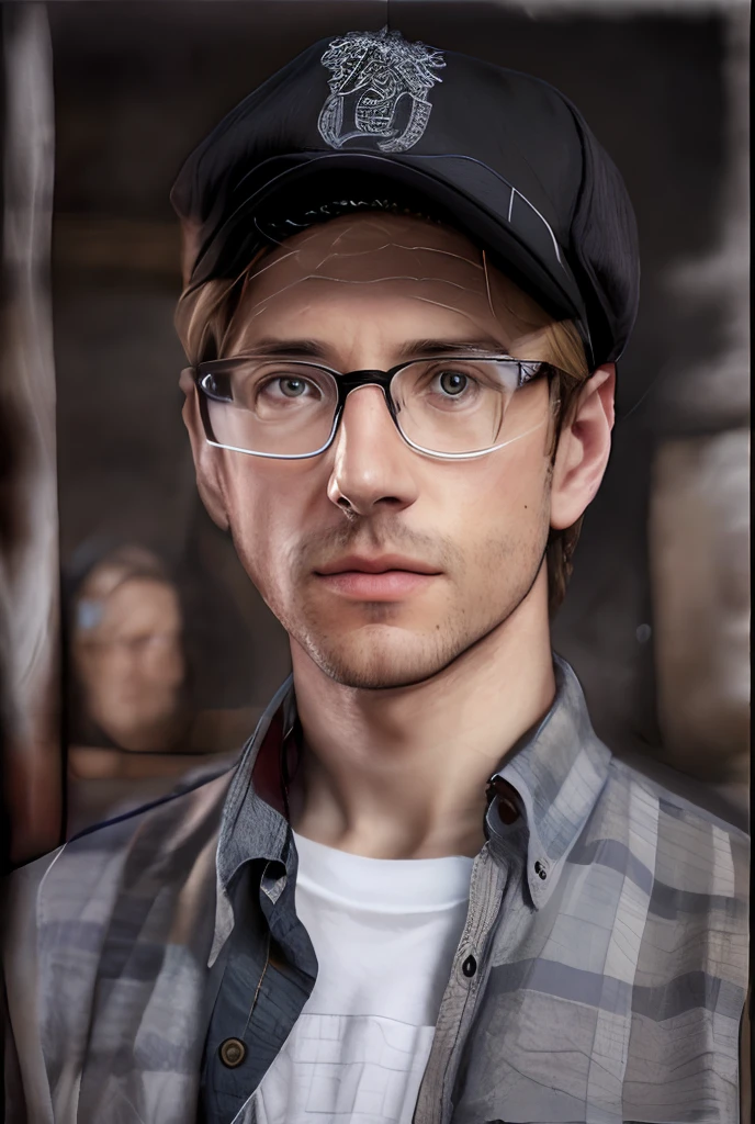 there is a man wearing a hat and glasses and a shirt, realistic portrait photo, high quality portrait, photorealistic portrait, photo realistic portrait, photo-realistic face, nerdy man character portrait, inspired by Dietmar Damerau, detailed portrait, photorealistic digital painting, man with glasses, hyperrealistic portrait, realistic portrait, portrait shot, closeup portrait shot