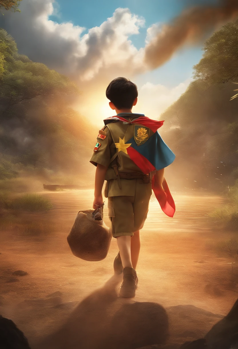 his is the animation picture like anime,the boy wear scout costume that has small vietnam flag on the right shoulder him .the back ground is big explosion,Camping in Jungle