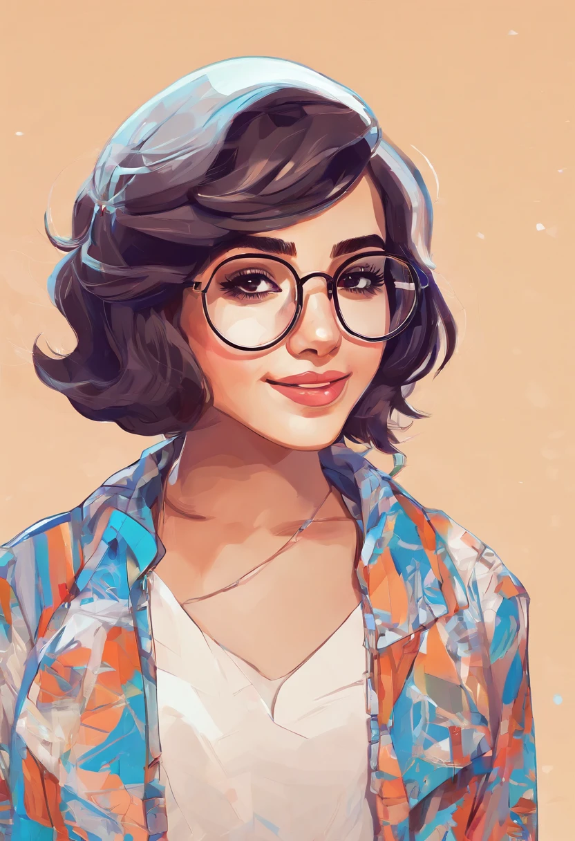 18 year old arabic girl, rounded glasses, big glasses, smiling, short messy hair, rounded eyes, dynamic pose