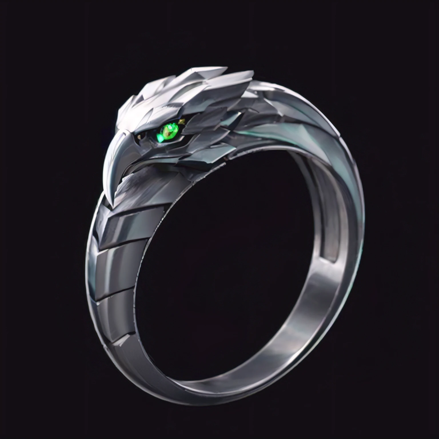 Close-up of ring with green eyes, Ancient rings, Eagle head made of silver metal,It features a minimalist and soft, silky smooth silver metal block structure,It is a simple and pure silver metal eagle head。The eagle's eyes are inlaid with brilliant green crystal stones,Shimmering with the glow of a metal statue,Close-up of green eyes,White gold and silver metal icon,Metal statue,sharp、smooth、Concise close-up of metal head structure,Well-designed head,3D icon for round mobile game,game icon asset,game icon stylized,Silver metal reflection,(Extremely detailed CG unity 8k wallpaper),The most beautiful artistic photo in the world,Clear boundaries,Clear boundaries,Metal turning structure with distinct light and dark, There are silver runes on it, White eagle icon, Ring flash, high res render