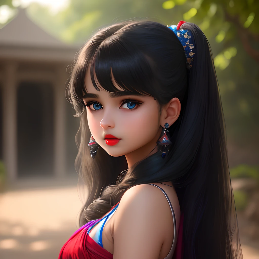 girl which have pure hart who were black sari,red lipstick, blue eyes,fridly nature,siney face, shadow of dark warwoulf her