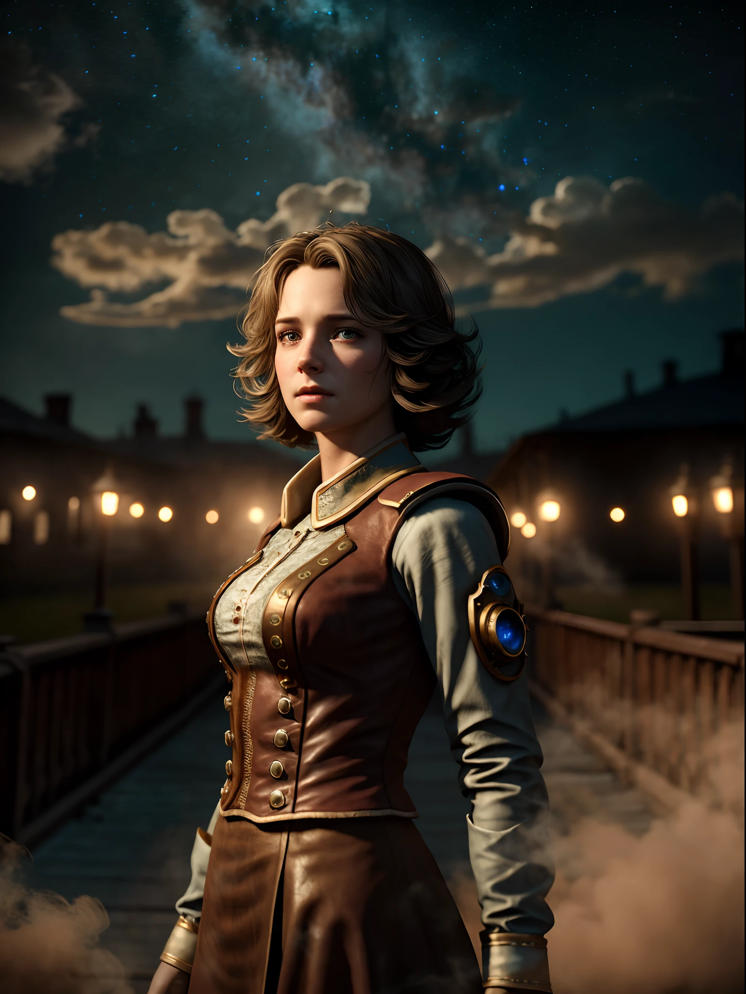 Masterpiece, Realistic, Photorealistic, Ultra Detailed, 8K, RAW photo, Depth of field, Realistic light, cinematic composition, skyscape with clouds,  nightfall, Depth of field, 35 mm, Soft steampunk aesthetic, Kate Walker, in small european town in 1910, full-length portrait,  Short Windblown Skirt, Smudge contour, aura like in "Syberia" series of games, Cute sexy, pleasure, Depth of field, (focus: 1.2), Dark atmosphere, Cinematic lighting, Detailed face and skin texture, short brown Hair, retro movie Style, Faded colors,  Steam locomotive on the background