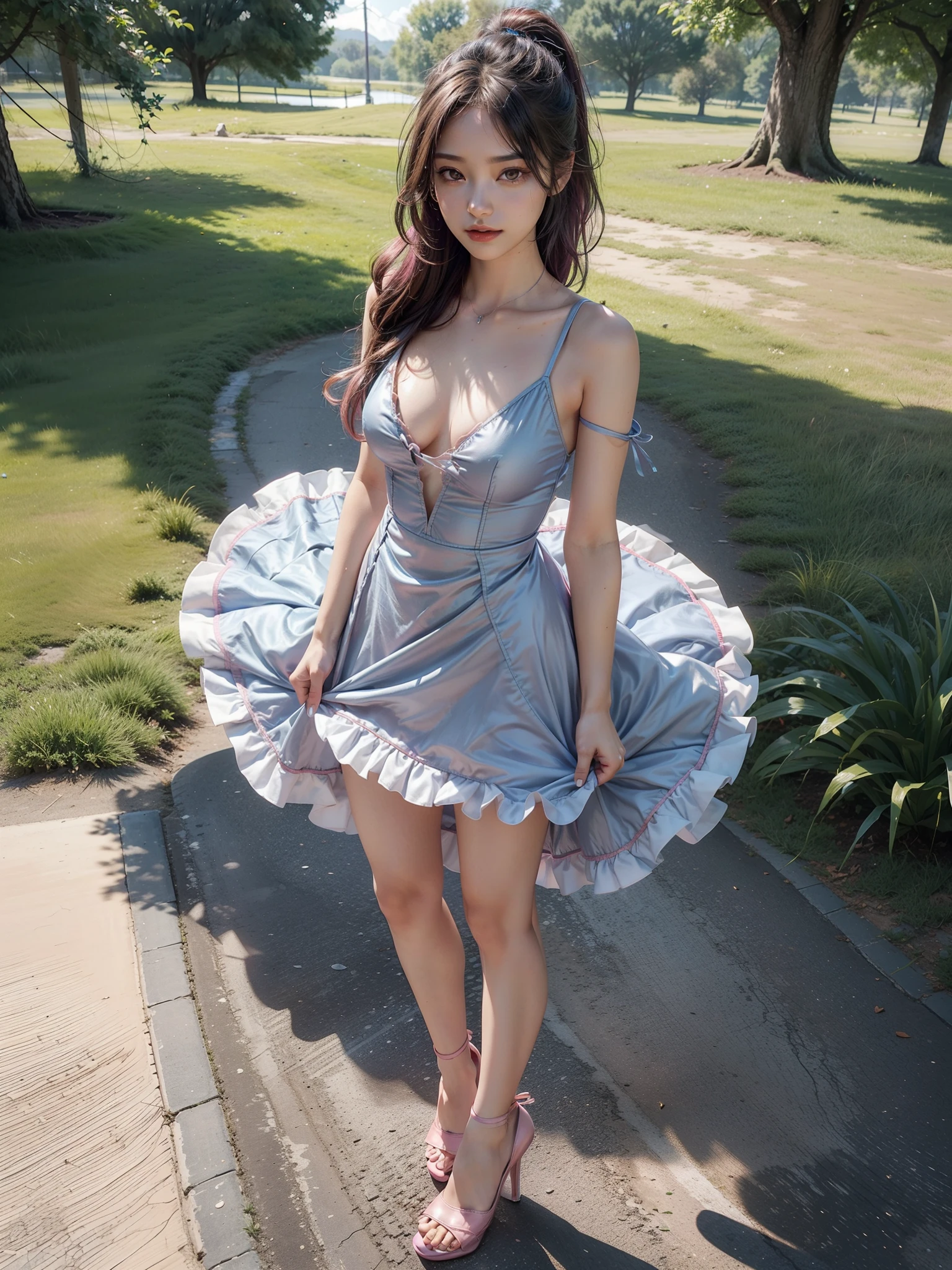 18 years old, very small head)), Daylight, sunlight, (perfect body: 1.1), (short wavy hair: 1.2), dark brown hair, (Pink and blue mesh hair, Fine mesh), (Photo standing full body front view), (ultra thin and thin silk pink mini dress), (high heels shoes), (sweat), (in the park), (highly detailed 8k CG wallpaper), (extremely delicate and beautiful), (Masterpiece), (Best quality: 1.0), (超 high resolution: 1.0), (realistic), Beautiful lightning bolts, Perfect lightning bolts, Realistic shadows, (High resolution), Detailed skin, Ultra detailed, slim body ), ( beautiful hair), real hair, detailed hairs, (high ponytail), slim collarbone, beautiful breasts, blush, photorealistic, realistic face, realistic eyes, small eyes, cute smile, (((colored))), ( eyeliner), (mascara), (eyeshadow), (NSFW), (full body front photo standing in high heels)