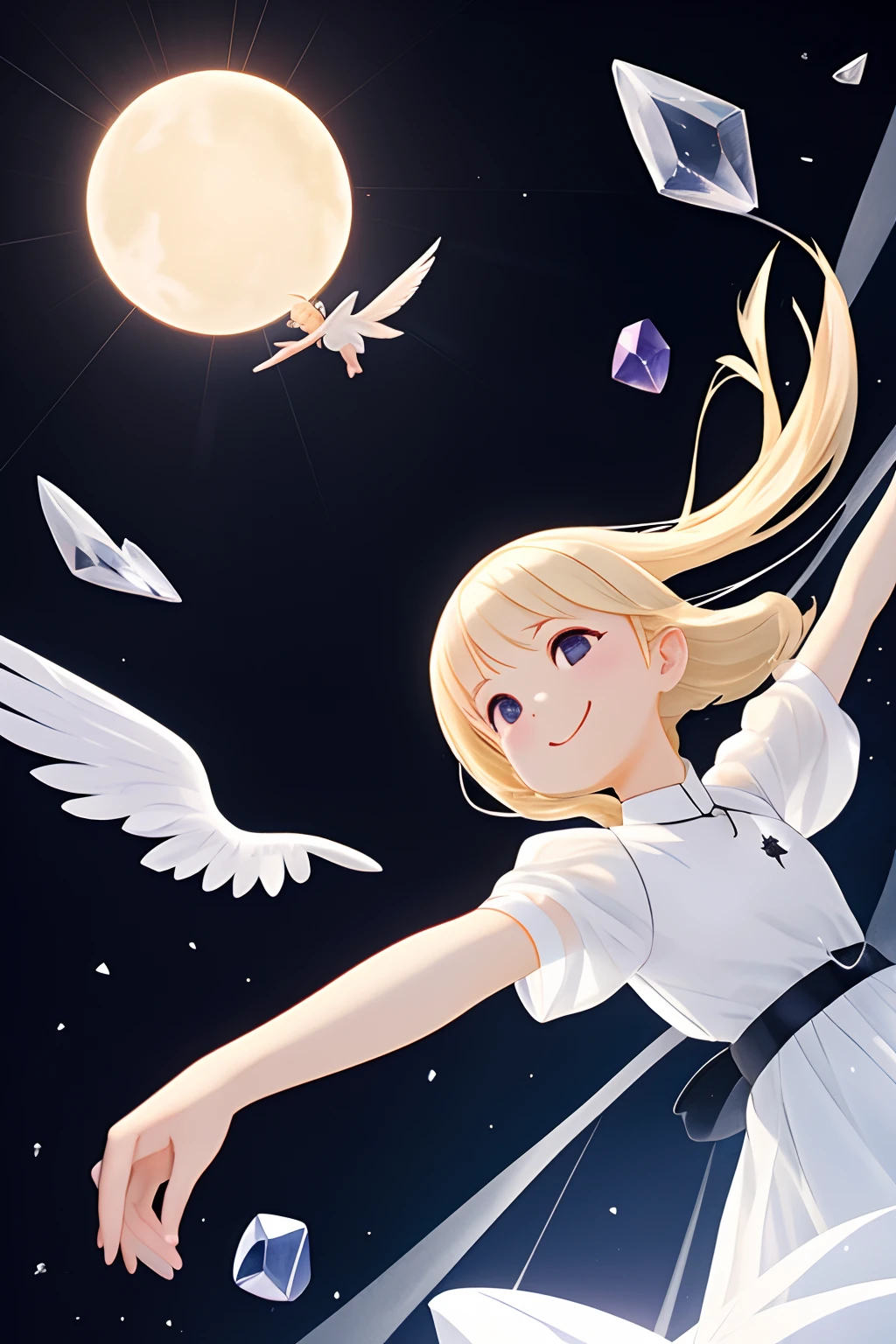 Blonde girl with black wings and black pearls in a white dress of crystal clear thin fabric,A smile、Reach out before you、Floating in the sky、 Shines