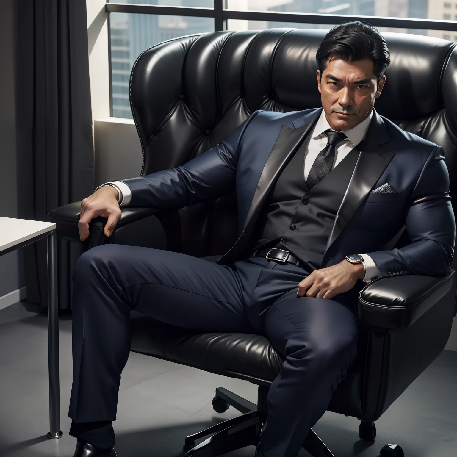 50 years old,daddy,shiny suit ,Dad sat on a chair,k hd,in the office,big muscle, gay ,black hair,asia face,masculine,strong man,the boss is,handsome,sex,leather gloves,lecherous dad,look straight ahead,dad is handsome,dad is hot man ,dad is sex dad,raise your hand,chelsea boots man,full body