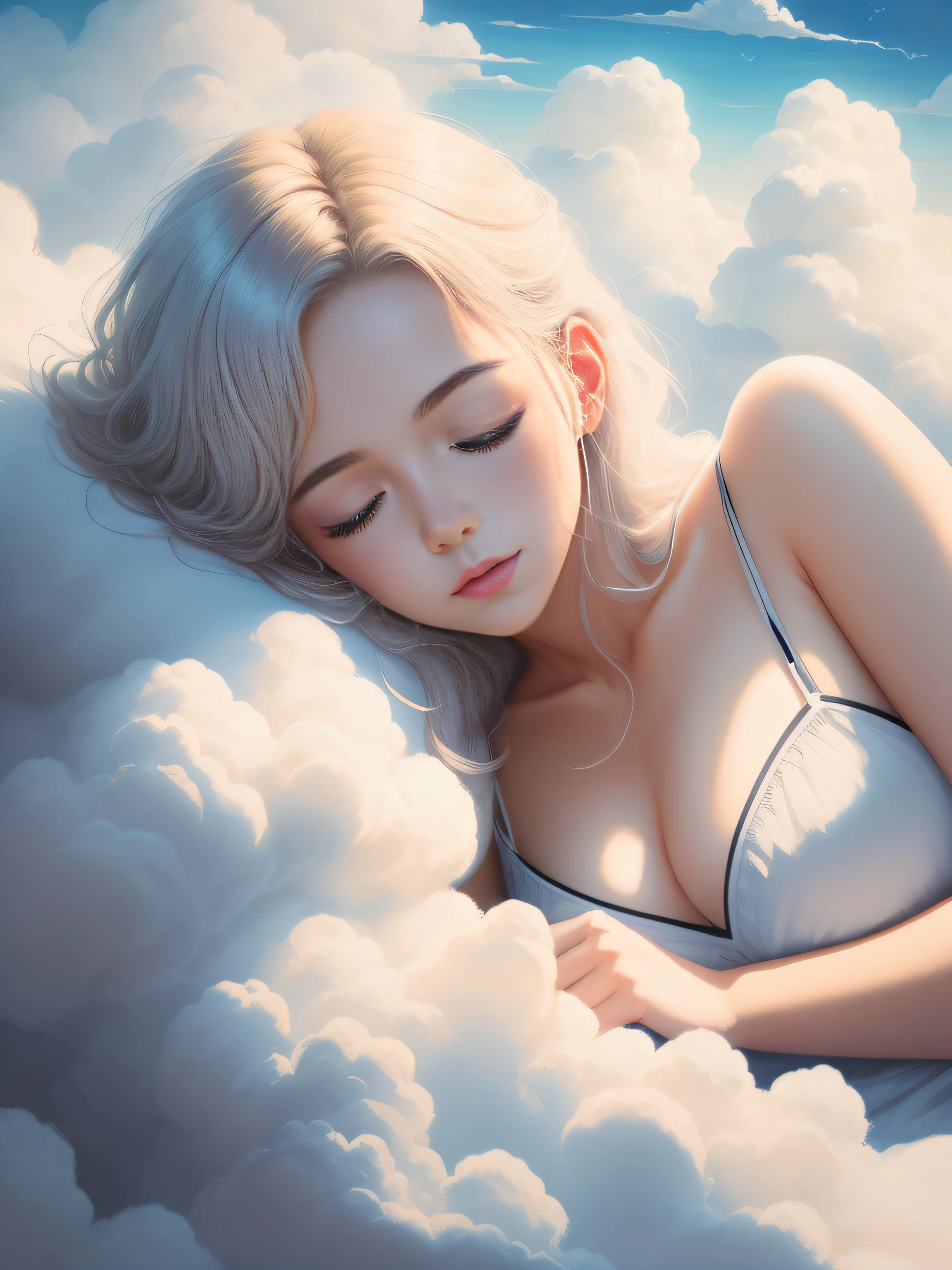 A beautiful artwork illustration, Beautiful girl sleeping in clouds，Close-up of the upper body，Raised sexy，nakeness，With his eyes closed，enjoying，In a dream，Girl in the clouds in the sky，Fluffy clouds，Guviz-style artwork, White cloud hair, Beautiful digital illustration, Clouds. fantasy,Pubic area is clear，photorealestic