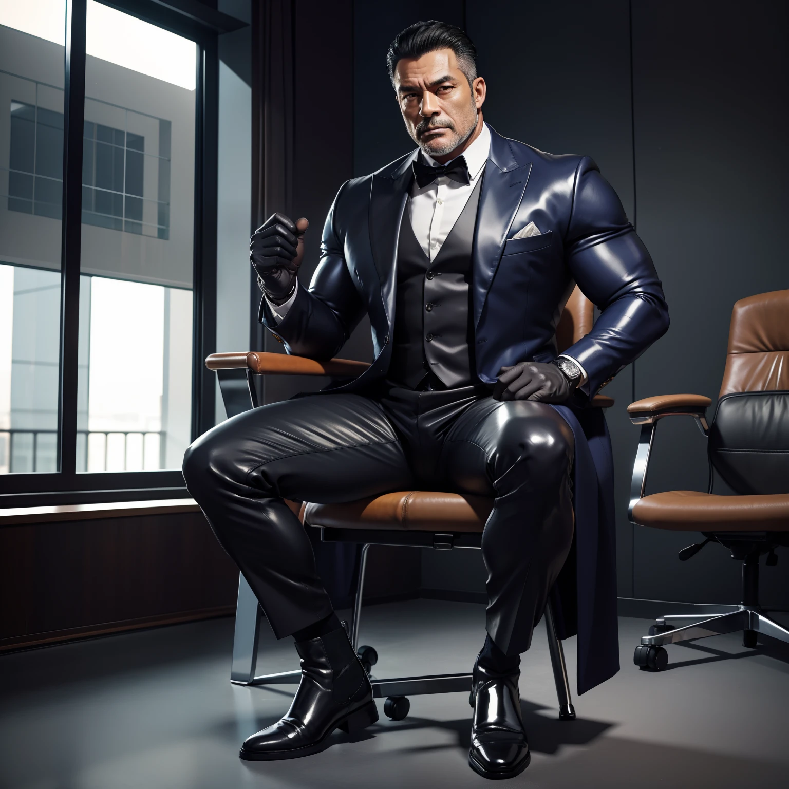 50 years old,daddy,shiny suit ,Dad sat on a chair,k hd,in the office,big muscle, gay ,black hair,asia face,masculine,strong man,the boss is,handsome,sex,leather gloves,lecherous dad,look straight ahead,dad is handsome,dad is gay,dad is sex dad,raise your hand,chelsea boots man,full body