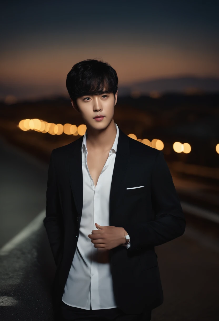 sex, masculine, Age 28 years, (Model, Kim so Hyun, South Korean celebrities), (bestquality:1.2, 8k resolution, highres:1.2), (asian, korea, handsome:1.4), White shirt, Short black hair, Good looking, Fair-skinned, Formal dress code, (On the road at night:1.4), nighttime, bar, dim lighting, deserted, HD 8k images, master-piece:1.2, A confident smile, Shapely,