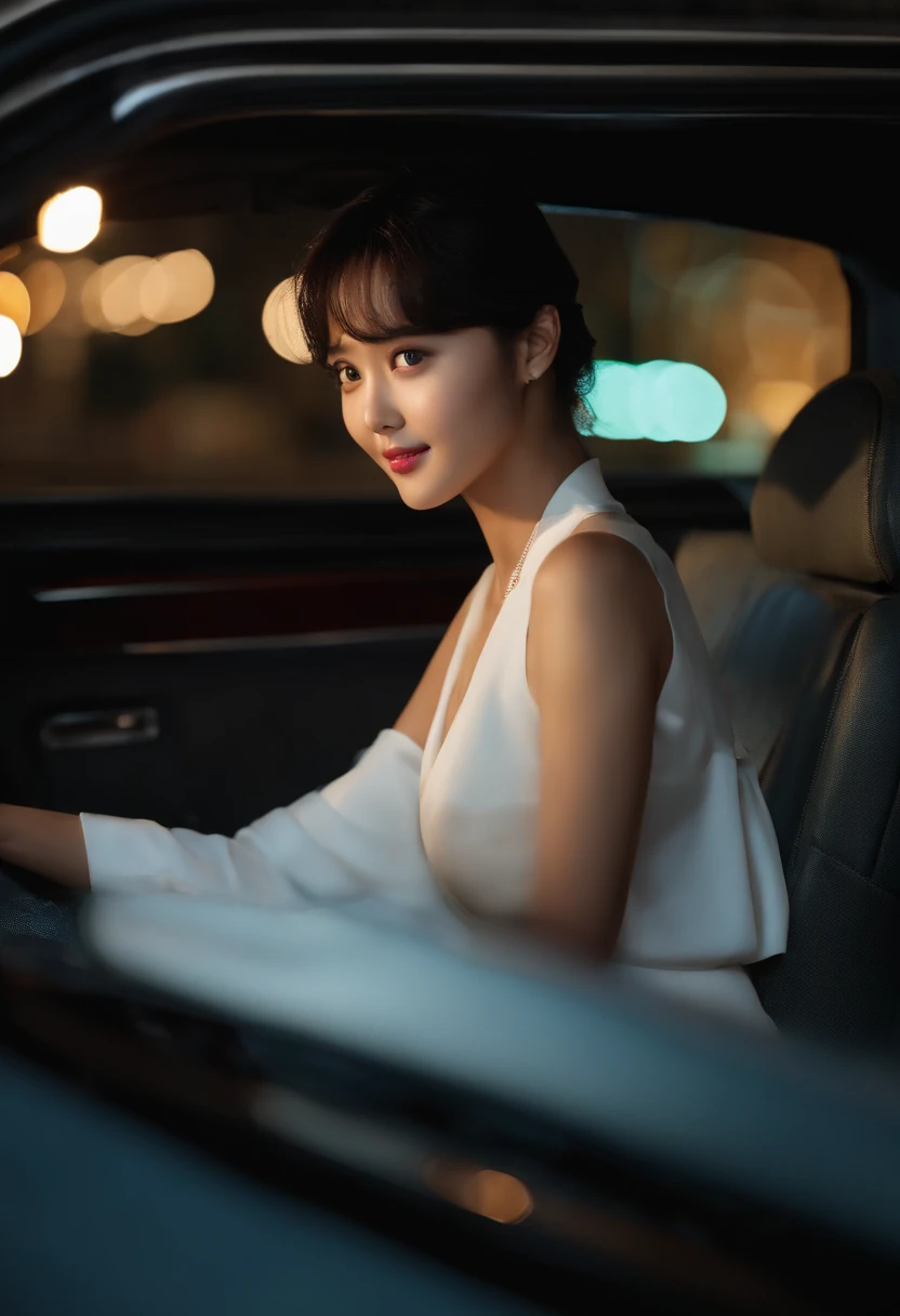 sex, masculine, Age 28 years, (Model, Kim so Hyun, South Korean celebrities), (bestquality:1.2, 8k resolution, highres:1.2), (asian, korea, handsome:1.4), White shirt, Short black hair, Good looking, Fair-skinned, Formal dress code, (On the road at night:1.4), nighttime, bar, dim lighting, deserted, HD 8k images, master-piece:1.2, A confident smile, Shapely,