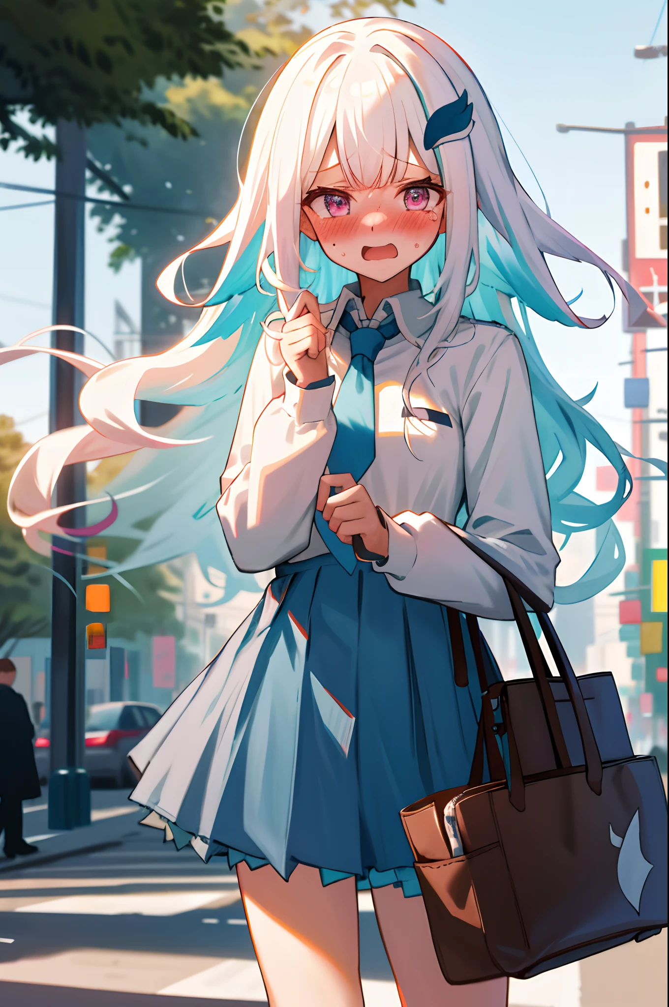 One girl with long wavy hair, white hair, looking at viewer, embarrassed, blushing, tears, open mouth, outdoor , school uniform, white shirt, necktie, puff long sleeves, mini skirt, thigh, perfect waist, noon atmosphere, hair ornament, standing, Holding a bag in his hand, road, (embarrassed:1.0)
