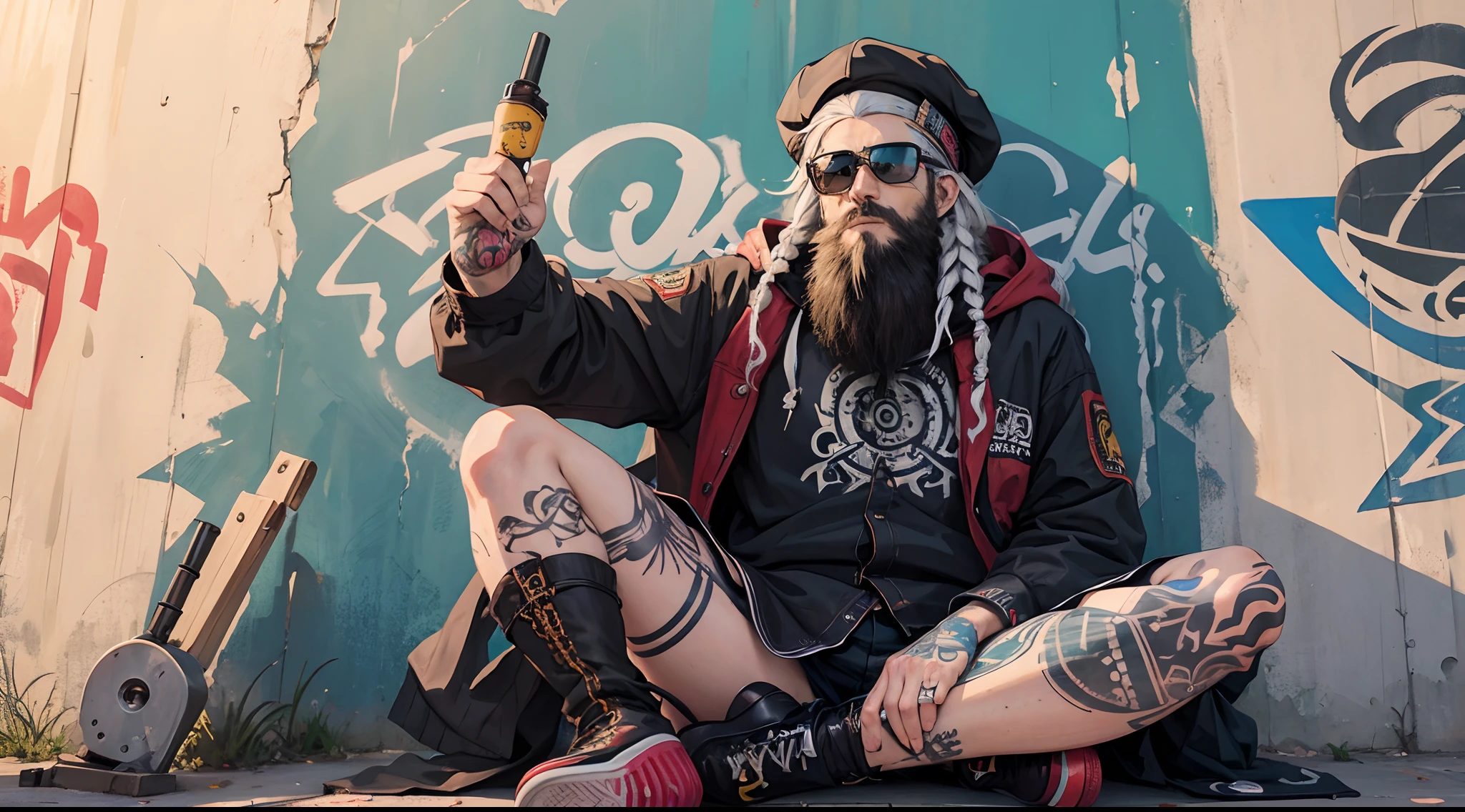 One beard man with dredlock coloured hair, sitting, graffiti wall, sunglass, tattooed, from the front