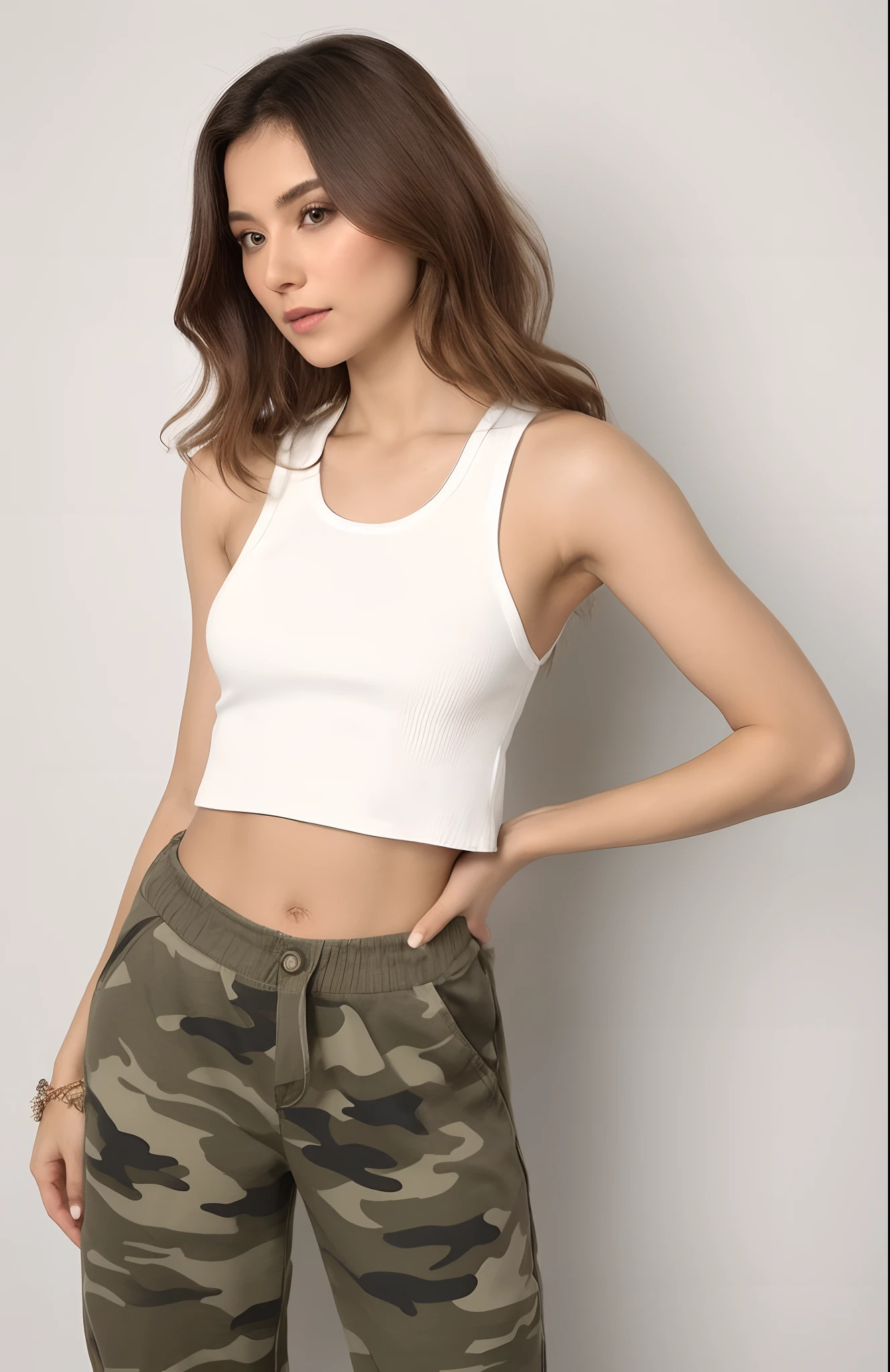 Beautiful woman Arafed in a white tank top and baggy khaki pants, usando um top cropped sexy, her navel is exposed, midriff exposto, usando crop top, wearing a tank top and baggy pants, usando uma camiseta regata de corte baixo, usando uma camiseta regata, usando um top cropped, roupa intrigante, usando um top cropped, wearing a sweater and baggy pants