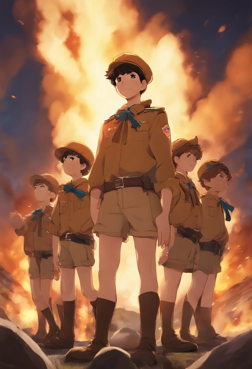 this is the animation picture like anime,the boy stay center and His group stood on both sides.all of them wear scout costume,scout hat and go in reverse the big explosion