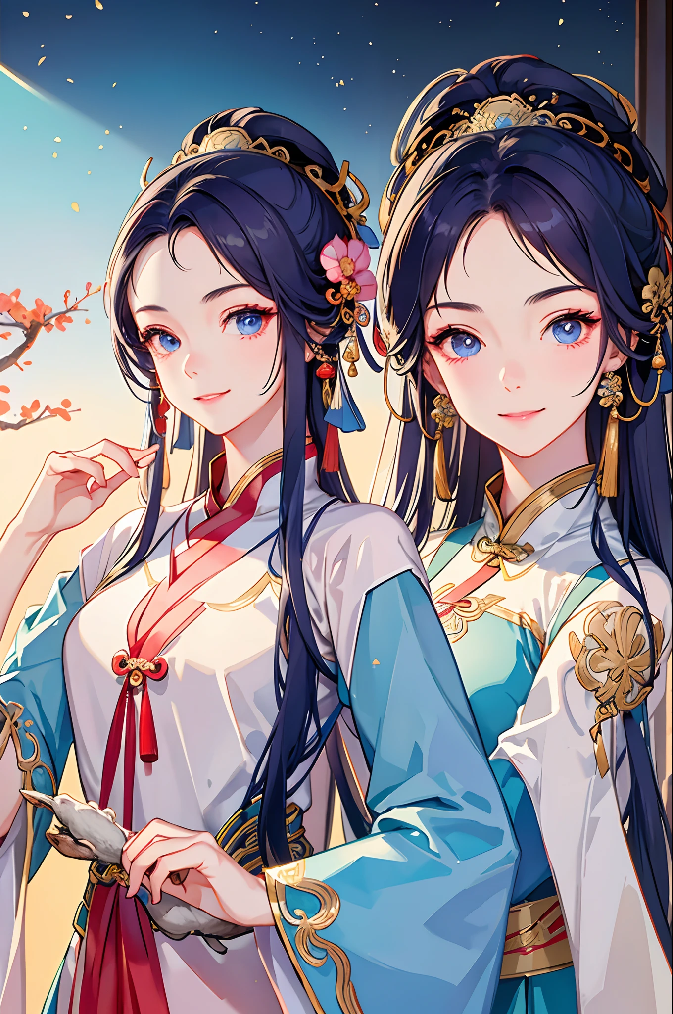 Best quality, full bodyesbian, A high resolution, Wuxia 1girl, china dress, Super beautiful face, super beautiful eye, Super beautiful hair Super beautiful face,Super beautiful eyes,Super beautiful hair,Smiling face,One guy,White bird in background,Sword dance。
