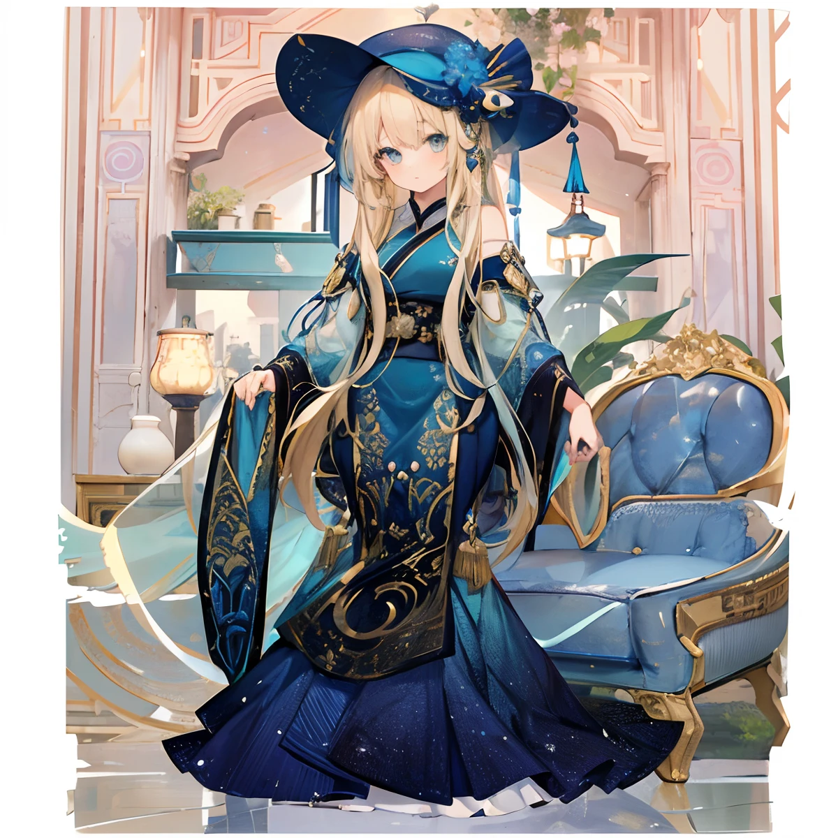 1 girl in, blonde  hair, Longhaire, Bangs that come out of the forehead, Light green eyes, blue headwear, 耳?????? Ring, beautiful countenance, Delicate eyes, Blue Night Sky Mermaid Dress, doress, Beautiful antique interior, (full body Esbian),