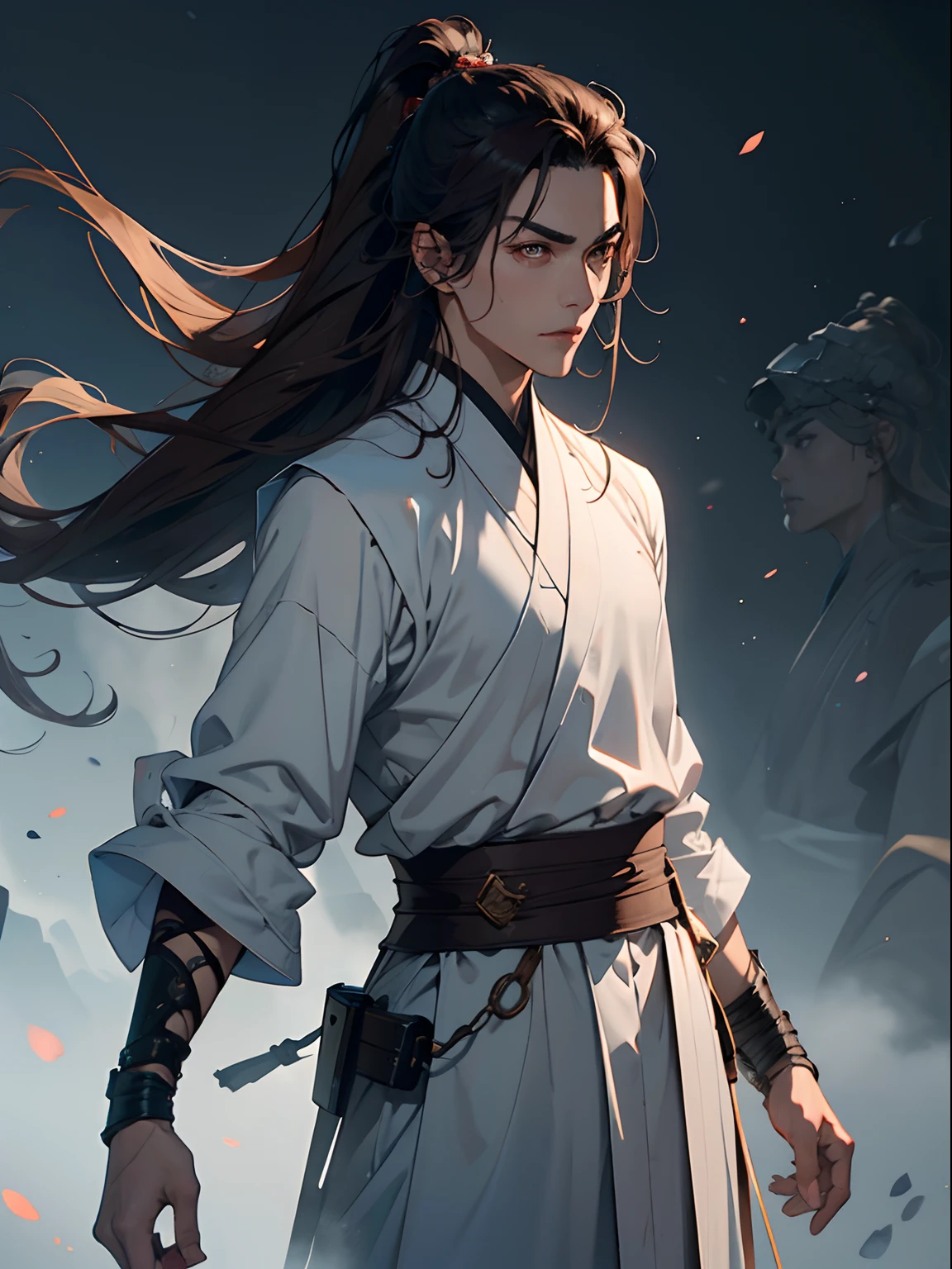 of a guy，The leader of the sect，Dark brown main color picture，Brown clothing，Upper body portrait，Steady and temperamental，hair flowing，Fierce eyes，The background is the wind and sand of the ancient battlefield，Ultra-clear image quality，8k ultra high definition，Martial arts style clothing。