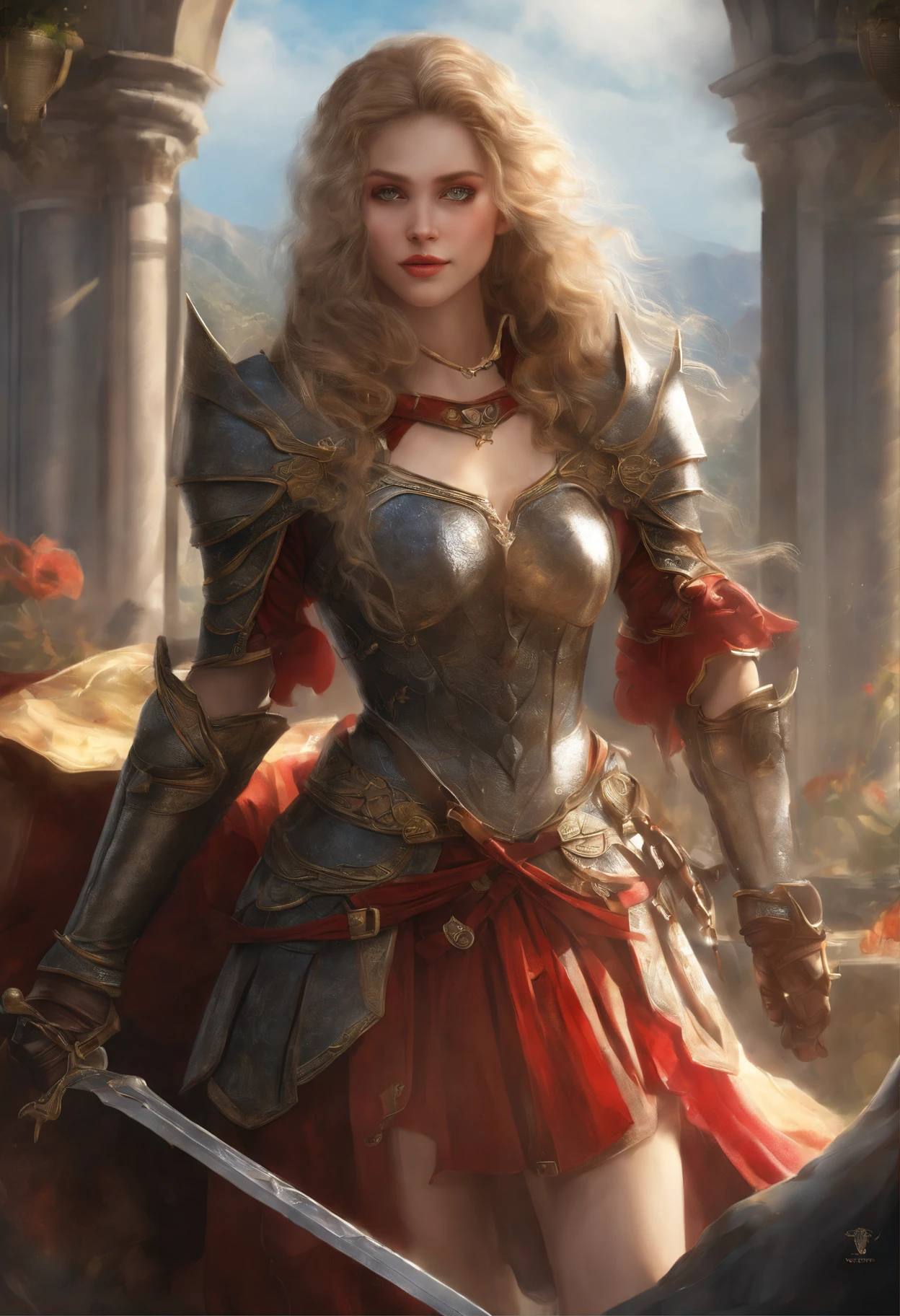 (1girl:),{{masterpiece}}, {{{best quality}}}, {{ultra-detailed}}, {{illustration}}, (((twentieth))), ((large brest)),she wearing knight armor to the upper body,((skirt)),