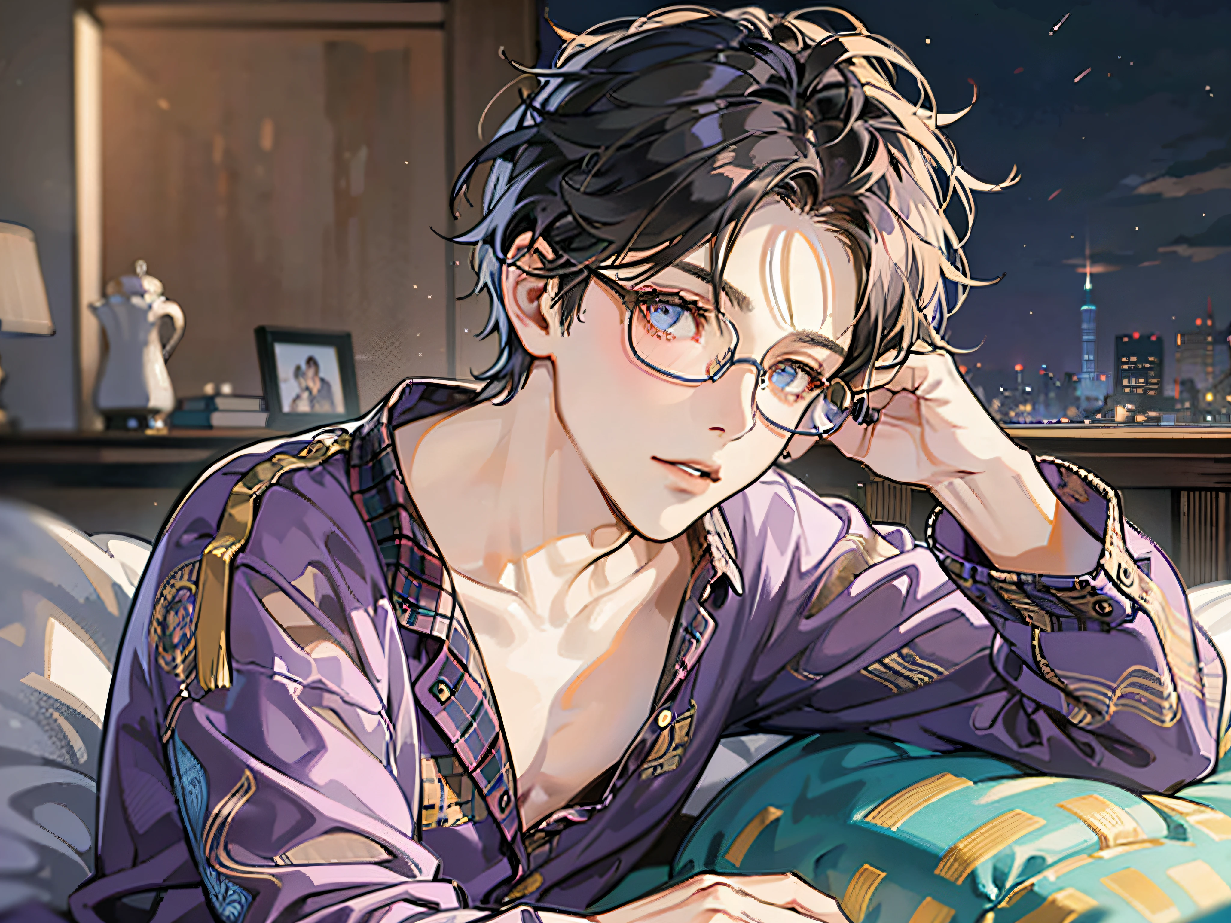 masutepiece, Best Quality, Boy in pajamas lying on bed, Solo,Slightly longer hairstyle,ムラムラ,impatience, finely eye and detailed face, Dark midnight background, Dimly lit bedroom, Glasses, resting on a pillow, Head on pillow, From Side, look at viewr, full-body view,Dynamic Angle,