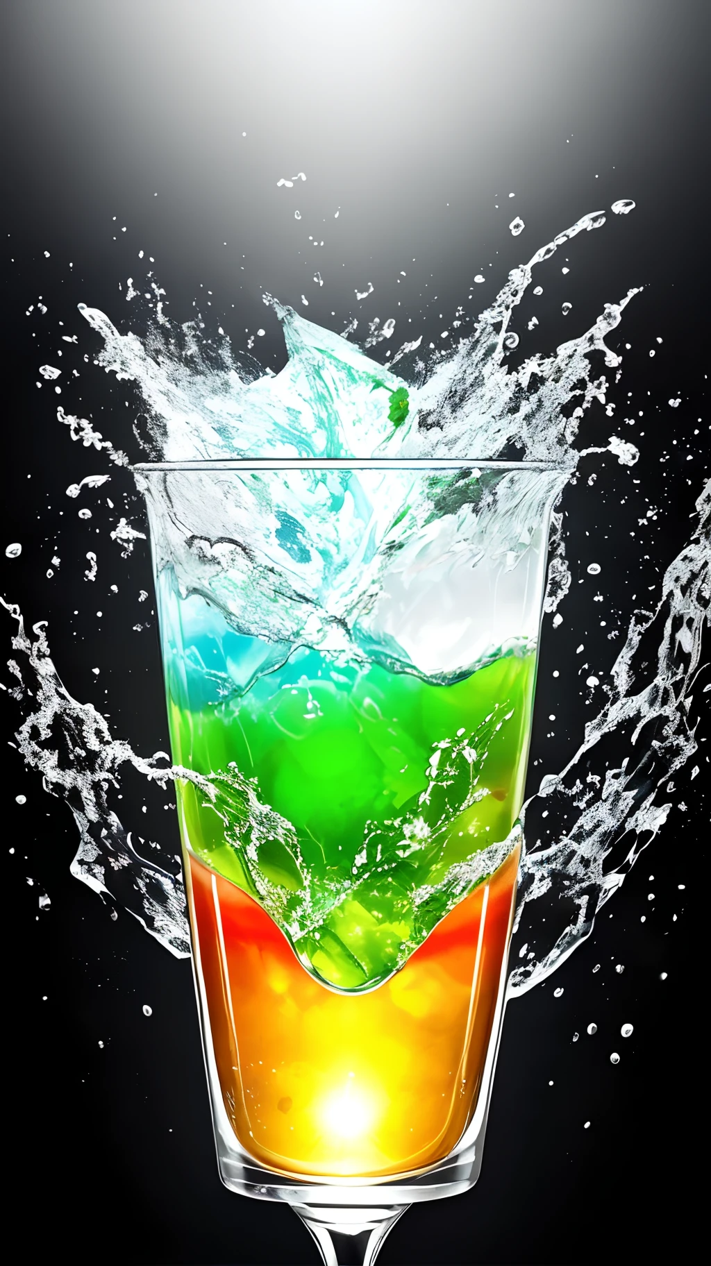 Das Bild soll aus einer Ecke ein umgekipptes Glas haben.A colorful liquid comes out of the glass. Die sich in vier farbrichtungen unterteilt