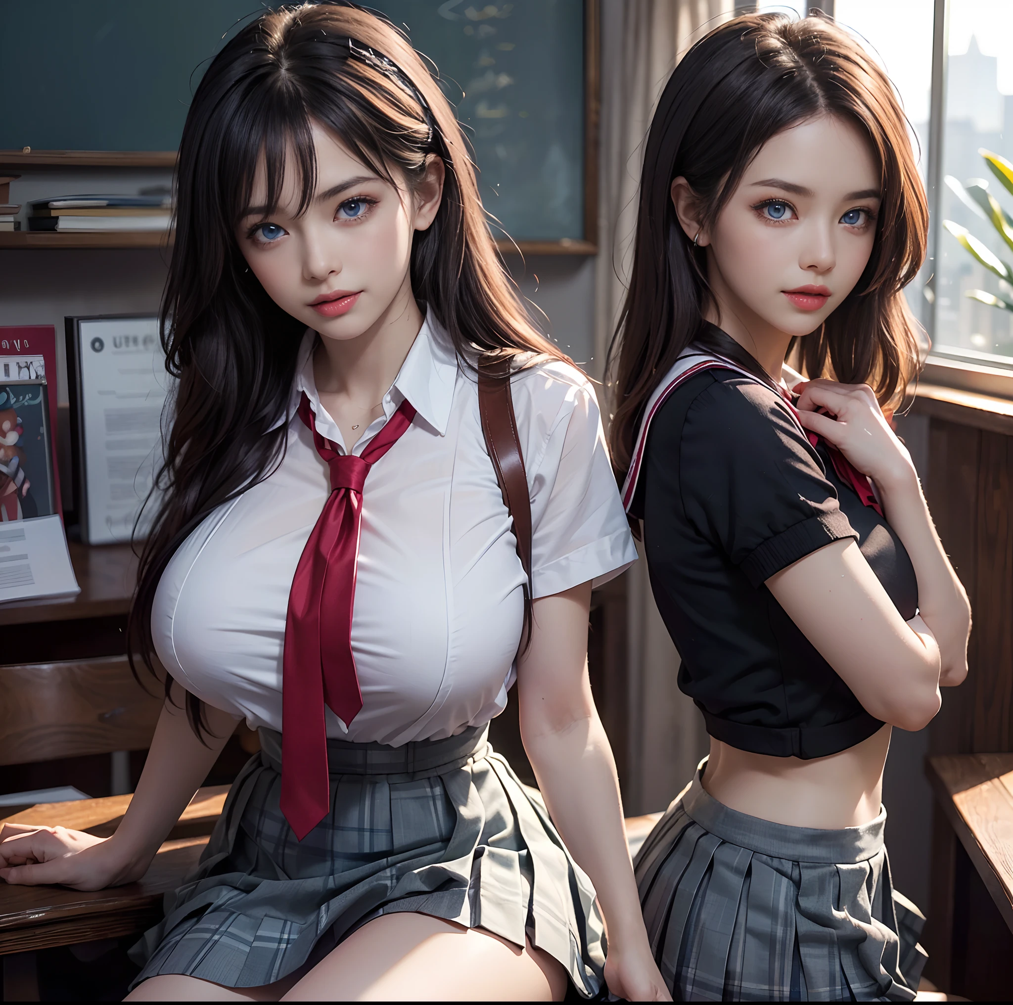 top-quality, masterpiece, (Professional lighting without shadows), A hyper-realistic, Bewitching, perfect anatomia, Two girls, (Proudly stand in front of the camera、Girl showing off ribbon tie, Another girl on the other side、Bend over and stick your butt out towards the camera), ( Huge breasts:1.2), Bright and even whitening skin without wrinkles and steps, (Bright beautiful blue eyes with long eyelashes and red tear bags reflected light:1.3)、 Braided half-up hair with bangs, (Her outfit dresses up a cramped schoolgirl uniform that fits the body very short with ultra mini pleated skirt length:1.3), (Proudly showing off a crimson ribbon tie from the front), (Another girl on the other side、To beautifully emphasize the proud ultra mini pleated skirt、Showing off a pose with the buttocks exposed from directly behind:1.2), (Beautiful face squinting in dazzling light), (ssmile), ishiharasatomi