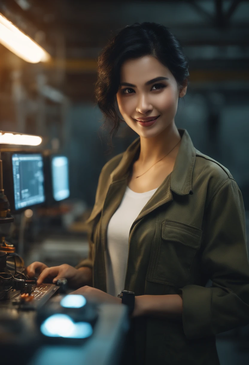 Khiyaf, high-resolution, (巨作: 1.4), hyper-detail, Short, messy young black hair, Welder dressed, a smiling look, High-tech workbench in the factory, Screen Sensor Technology