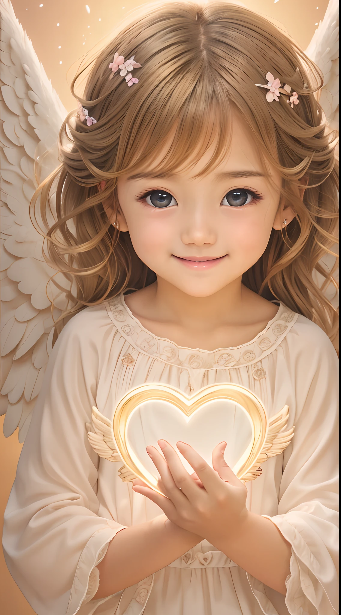 Blessings of Angels、Bright background、tenderness、A smile、Gentle、 Angel、facing front、Looking at the camera、holding a heart、glowing hearts、Best Quality