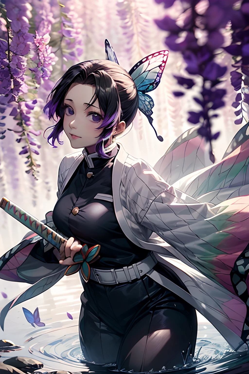 Extremely detailed and high-resolution masterpiece of Kocho Shinobu, the beautiful and deadly Demon Slayer in dynamic action. Add emphasis on the intricate details of her butterfly-themed outfit and the fierce expression on her face. Set the scene on a sunny day, with a serene pond and cherry blossom petals in the background. Use rich colors and volumetric light to create a sense of ethereal beauty and power.