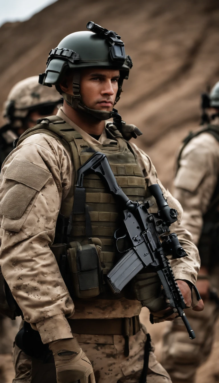 soldiers are standing in a line with their weapons in their hands, a picture inspired by Carl Gustaf Pilo, shutterstock, digital art, rugged soldier, white american soldier, dressed in tactical armor, portrait of a navy seal soldier, cinematic —ar 16:9, soldier, soldiers, close up portrait shot, realistic soldiers, still from a live action movie