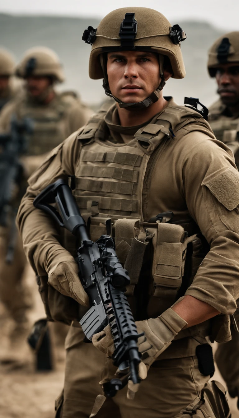 soldiers are standing in a line with their weapons in their hands, a picture inspired by Carl Gustaf Pilo, shutterstock, digital art, rugged soldier, white american soldier, dressed in tactical armor, portrait of a navy seal soldier, cinematic —ar 16:9, soldier, soldiers, close up portrait shot, realistic soldiers, still from a live action movie