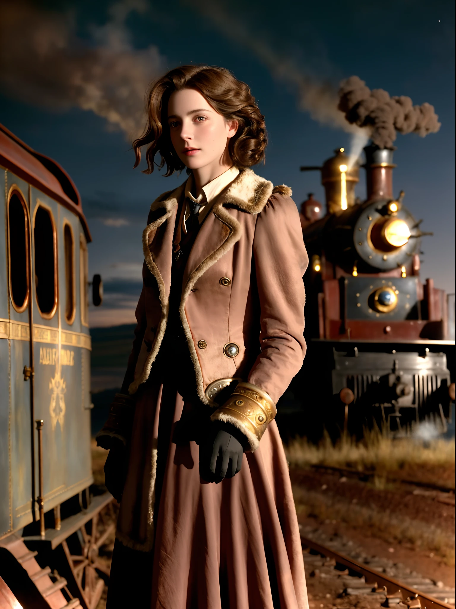 Masterpiece, Realistic, Photorealistic, Ultra Detailed, 8K, RAW photo, Depth of field, Realistic light, cinematic composition, skyscape with clouds, nightfall, Depth of field, 35 mm, Soft steampunk aesthetic, Kate Walker, in small european town in 1910, full-length portrait, Short Windblown Skirt, Smudge contour, aura like in "Syberia" series of games, Cute sexy, pleasure, Depth of field, (focus: 1.2), Dark atmosphere, Cinematic lighting, Detailed face and skin texture, short brown Hair, historic movie Style, Faded colors, Steam locomotive on the background