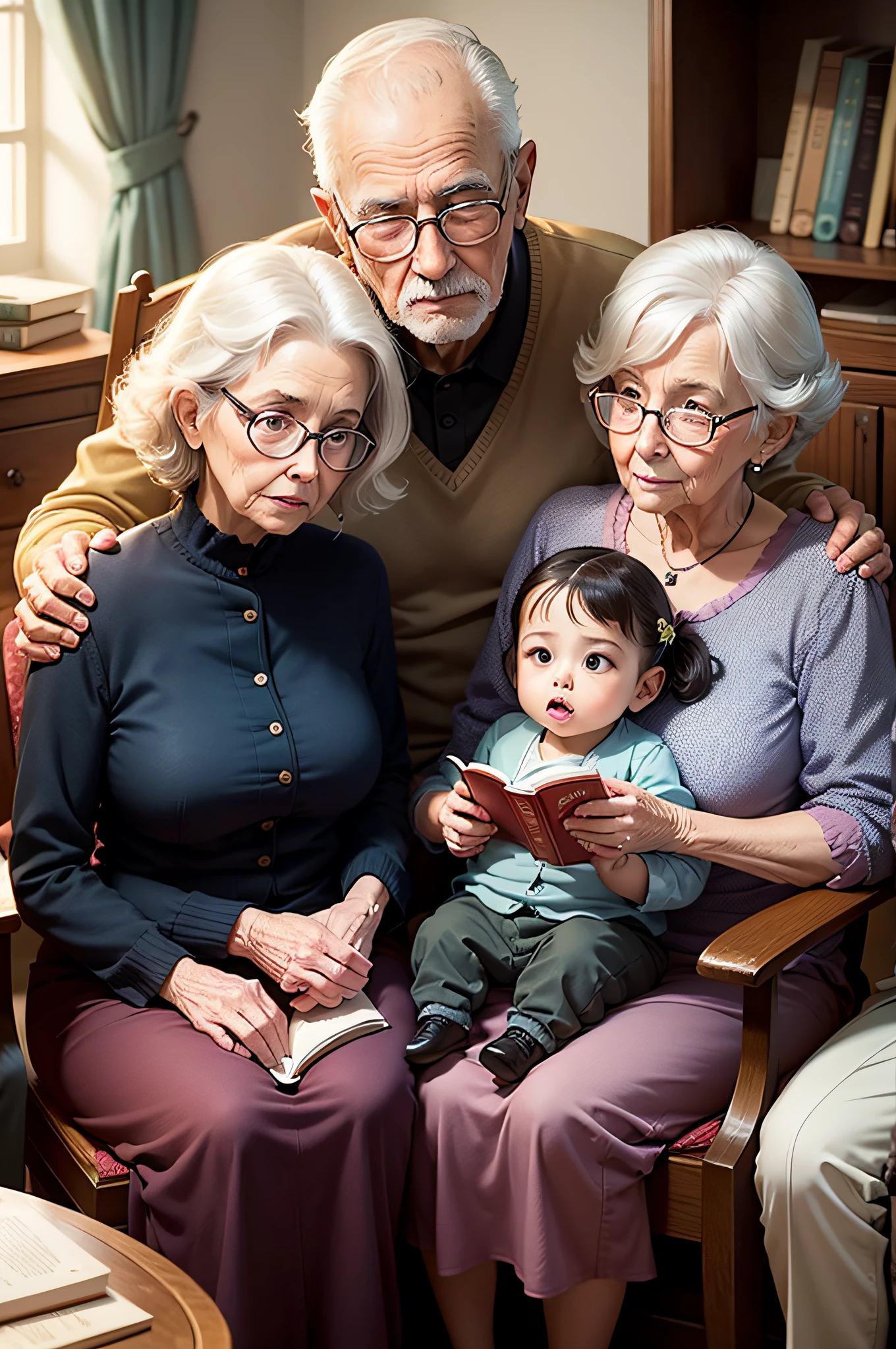 Family of readers, grandmother, grandfather, father, mother and children readers, sitting down for a family photograph